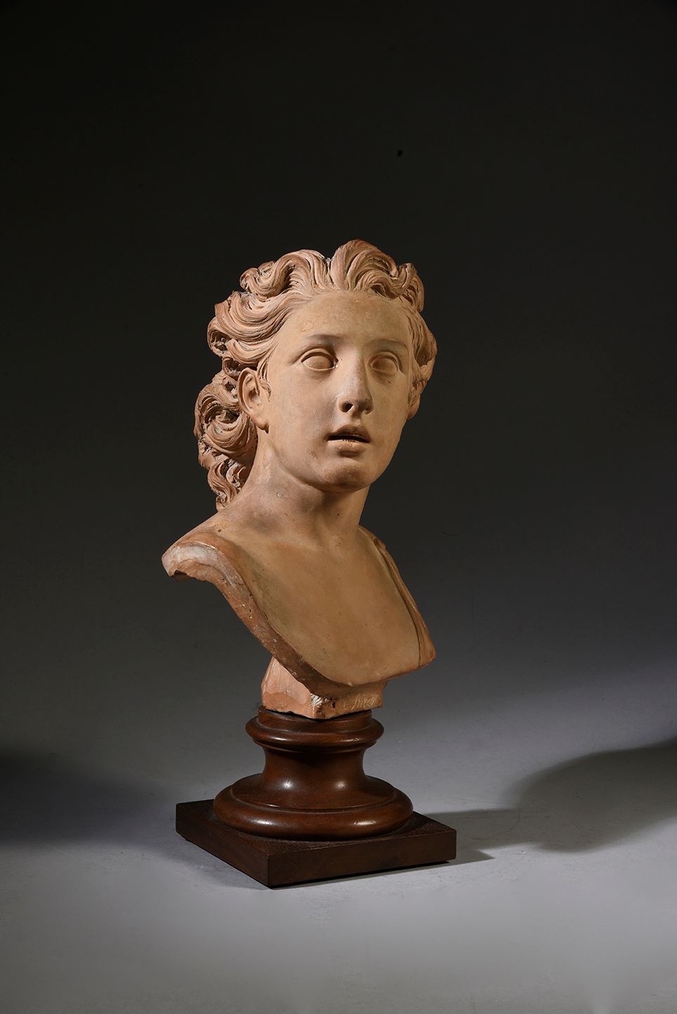 ÉCOLE ROMAINE DU DÉBUT DU XIXE SIÈCLE Capo di Apollo.
Busto in terracotta antica&hellip;