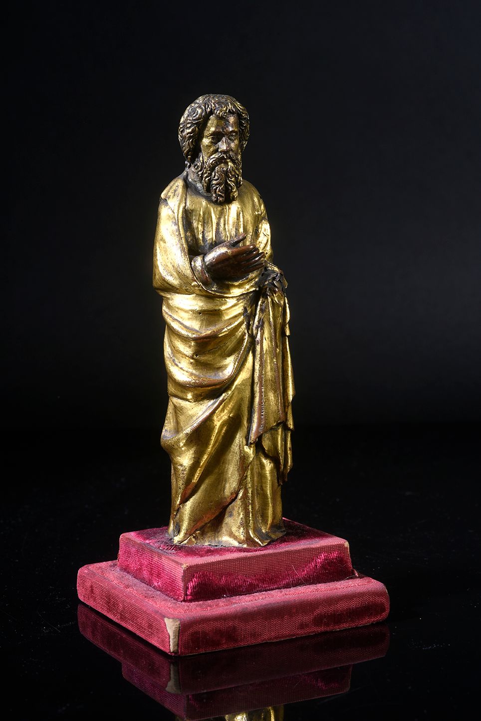 Null Heilige Figur aus vergoldetem Kupfer, Hohlguss; Element für eine Applikatio&hellip;