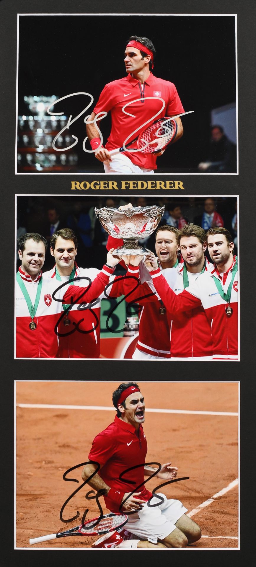 Null Roger Federer. Ensemble de 3 photos autographiées par le joueur commémorant&hellip;