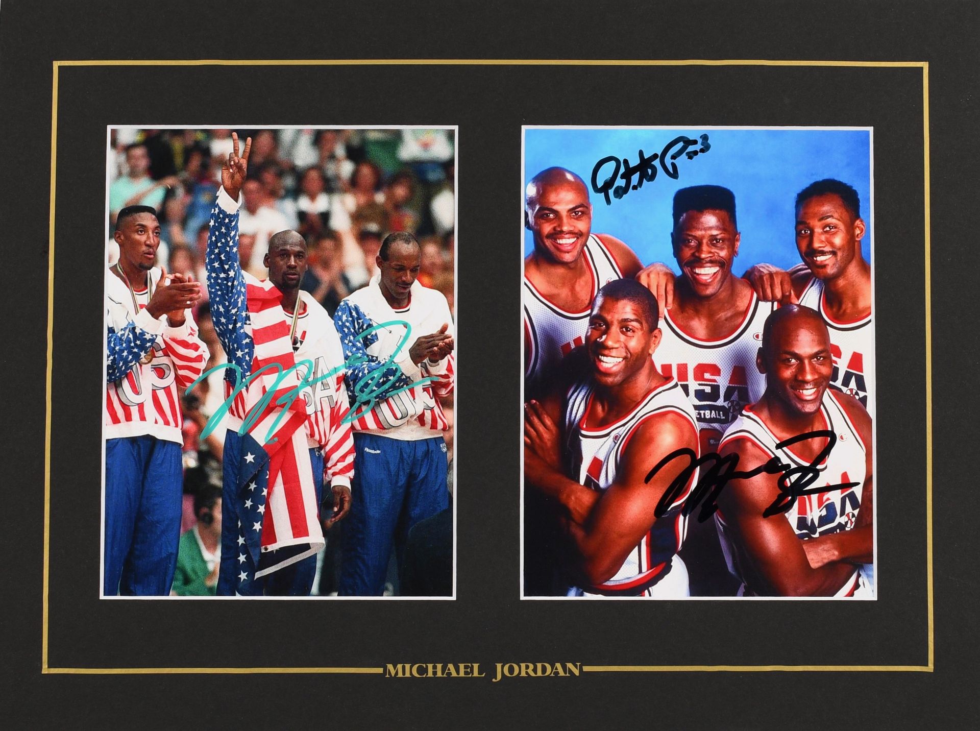 Null Michael Jordan. Ensemble de 2 photos autographiées par le joueur avec l'équ&hellip;