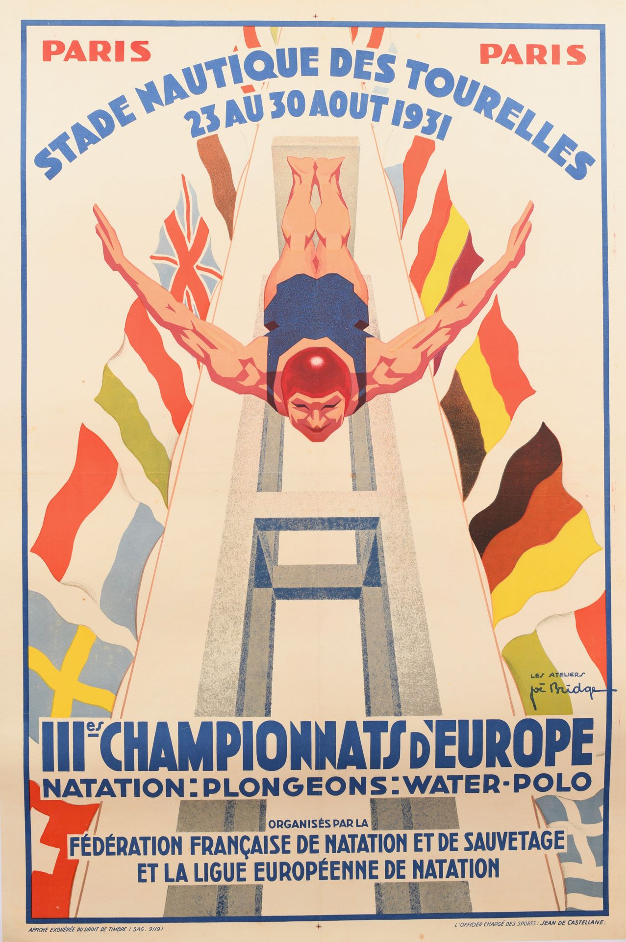 Null 1931年8月23日至30日在Stade Nautique des Tourelles举行的第三届欧洲游泳、跳水和水球锦标赛的原始海报。Atelier&hellip;