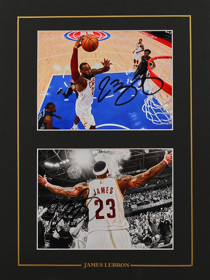 Null 勒布朗-詹姆斯。一套2张照片，由该球员在克里夫兰骑士队的球衣下亲笔签名，他与该队一起赢得了2016年NBA冠军的称号。作为一名拥有多项记录的球员，他目&hellip;