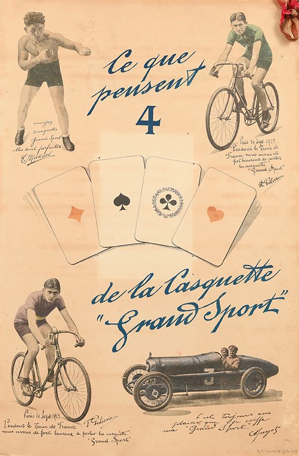 Null 大运动帽的广告卡纸。约1920年。由4位冠军代表，包括自行车的佩利西耶兄弟、拳击的爱德华-马斯卡特和汽车的阿尔伯特-古约。尺寸为29x44厘米。按原样&hellip;