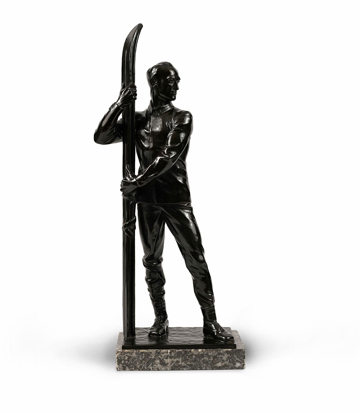 Null 雕塑《滑雪者》。在电镀中。约1920年。有图案的HR。非常漂亮的黑色铜锈。总高度51厘米。