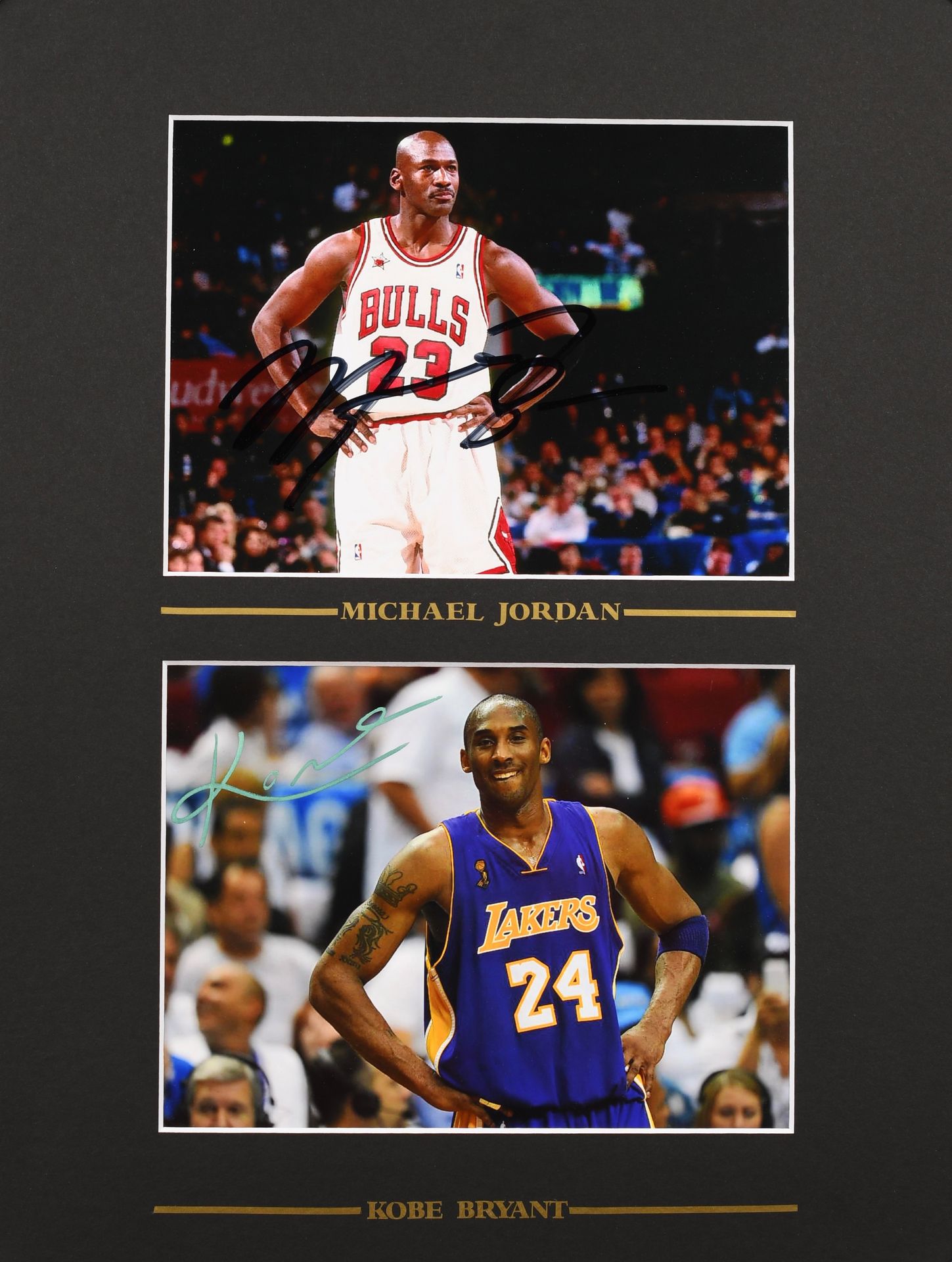 Null 迈克尔-乔丹-科比-布莱恩特。一套2张由球员亲笔签名的照片。乔丹获得了6个冠军，布莱恩特获得了5个冠军；他们在90年代和2000年代统治了NBA。彩色&hellip;