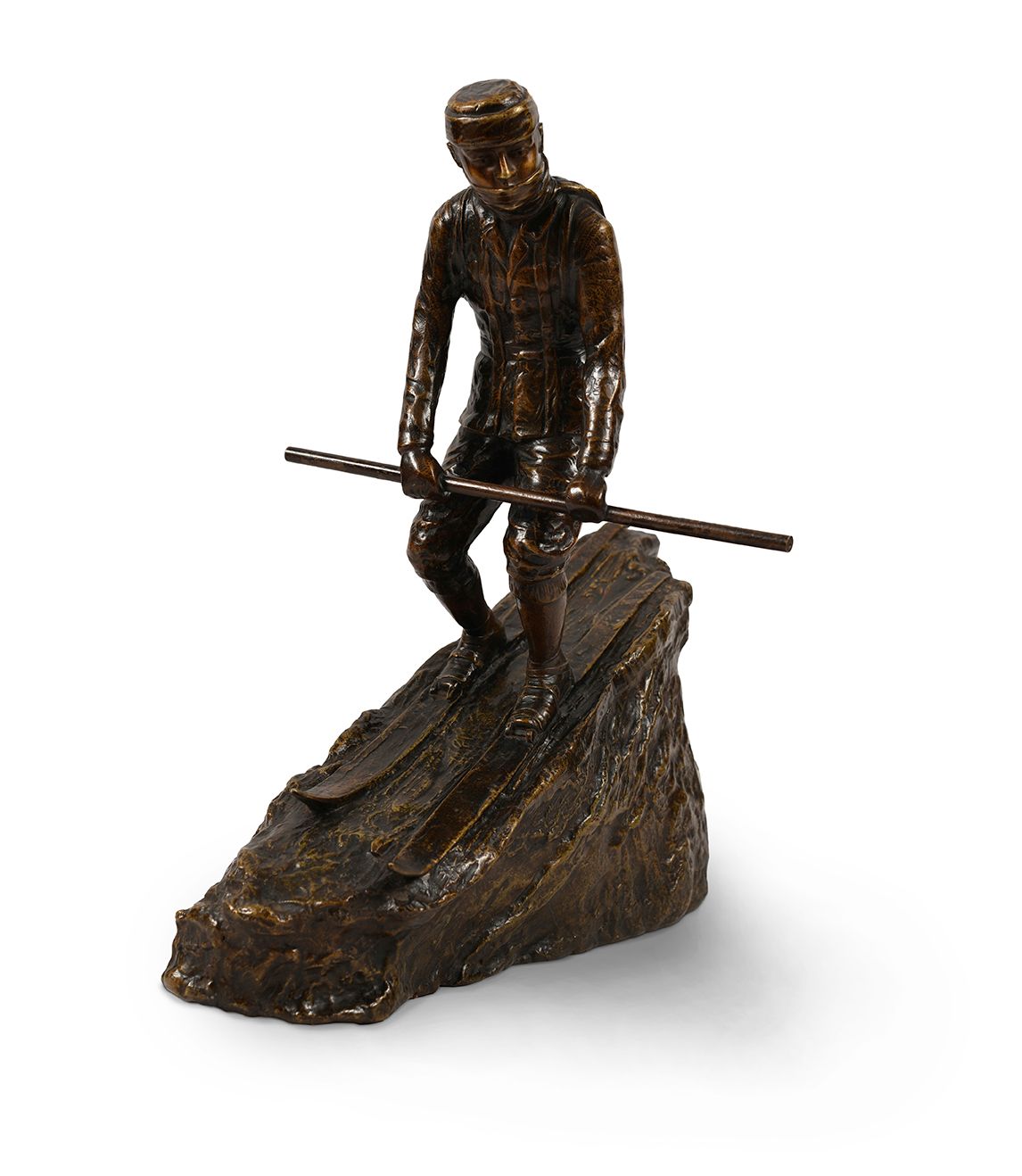 Null Scultura in bronzo di uno sciatore con un solo bastone. Firmato R. Kainz, 1&hellip;