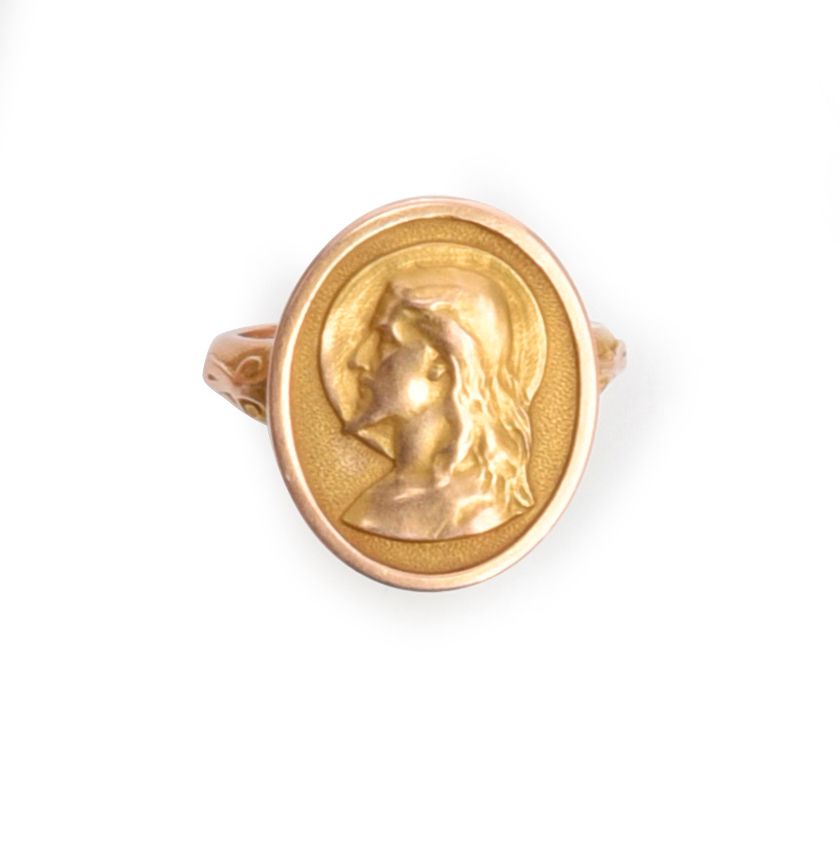 Null Gold ring 750th (18k), decorated with a medallion representing the profile &hellip;