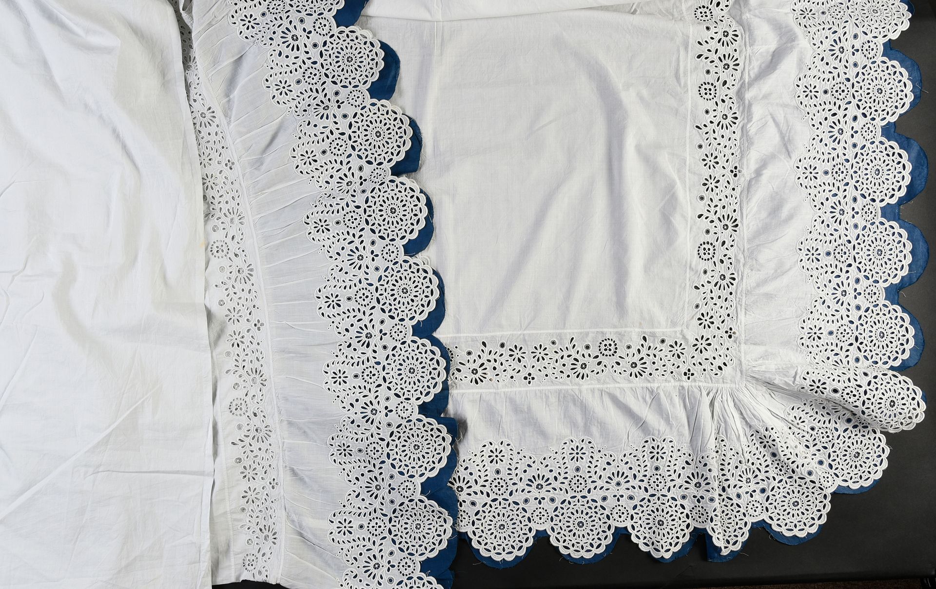 Null 孕妇床单和被套，英国刺绣，20世纪上半叶。
上等亚麻布的床单和被套，装饰着一个转折点和一个大的褶皱，用紧密的针线绣着同样的花纹，褶皱由海军蓝釉棉布支撑&hellip;