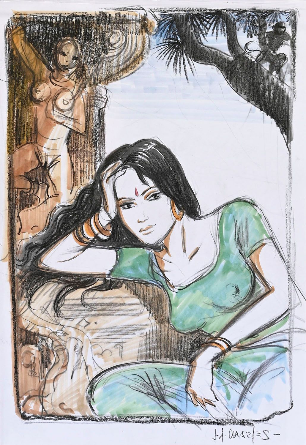 CHARLES, JEAN-FRANÇOIS (1952) 印度的梦想。第三卷，在烛光的阴影下，封面的预备草图。纸上铅笔、木炭和水彩画。27x38cm（见图）。&hellip;
