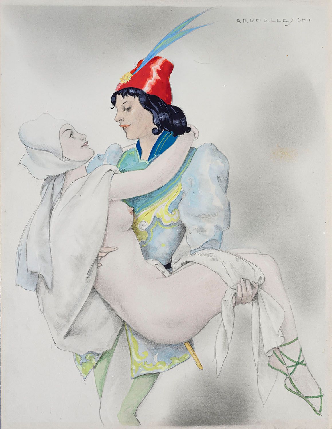 BRUNELLESCHI, UMBERTO (1879-1949) ENLACE COUPLE.纸上铅笔、水粉和水彩，已签名。20x26厘米