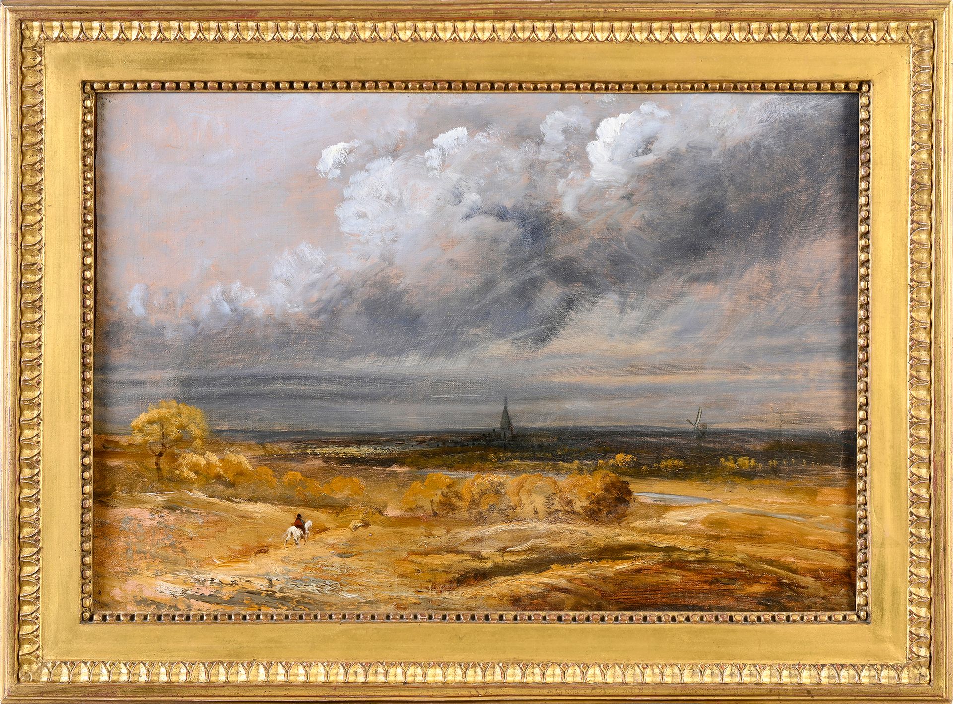 Georges Michel (1763 - 1843) 有磨坊和骑手的全景风景
粘贴在画板上的油画 背面的墨水标签 "Sale Champelier de R&hellip;