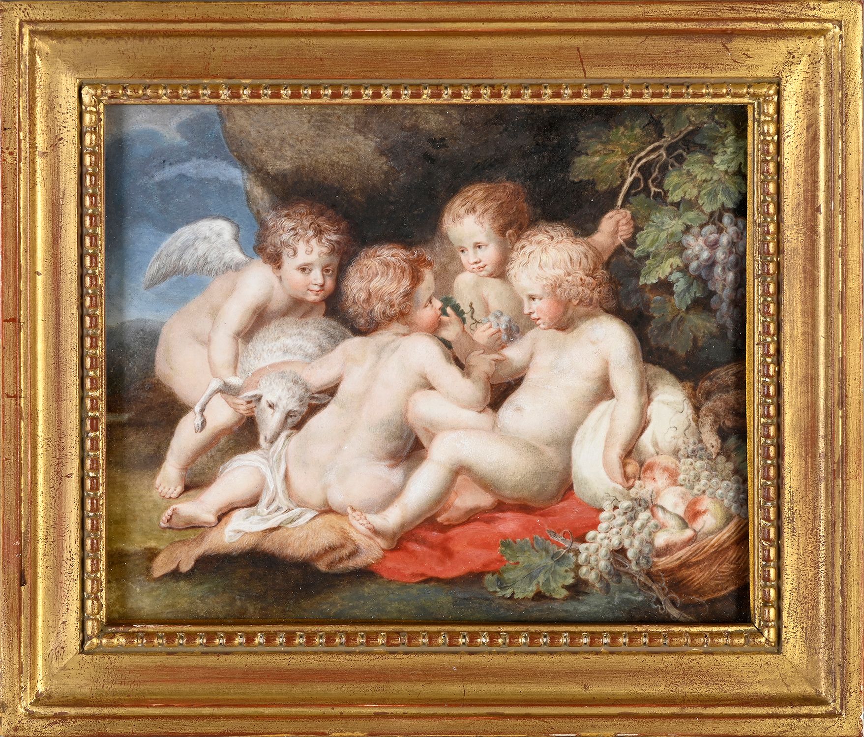 Christophe-Ludwig AGRICOLA (1665 - 1724) 有葡萄和小羊的普蒂
牛皮纸上的水彩画，背面右下角有签名 高：13.4厘米-长：&hellip;