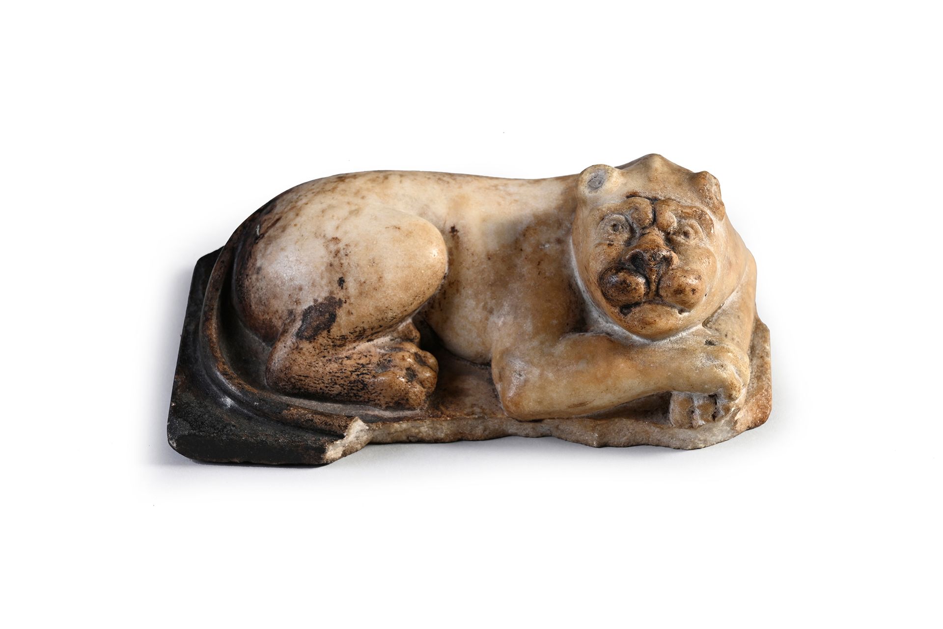 Null 躺着的大理石狗，雕刻在圆形。
15/16世纪
长：16厘米-深：9厘米
(可见缺失的部分，有燃烧的痕迹)