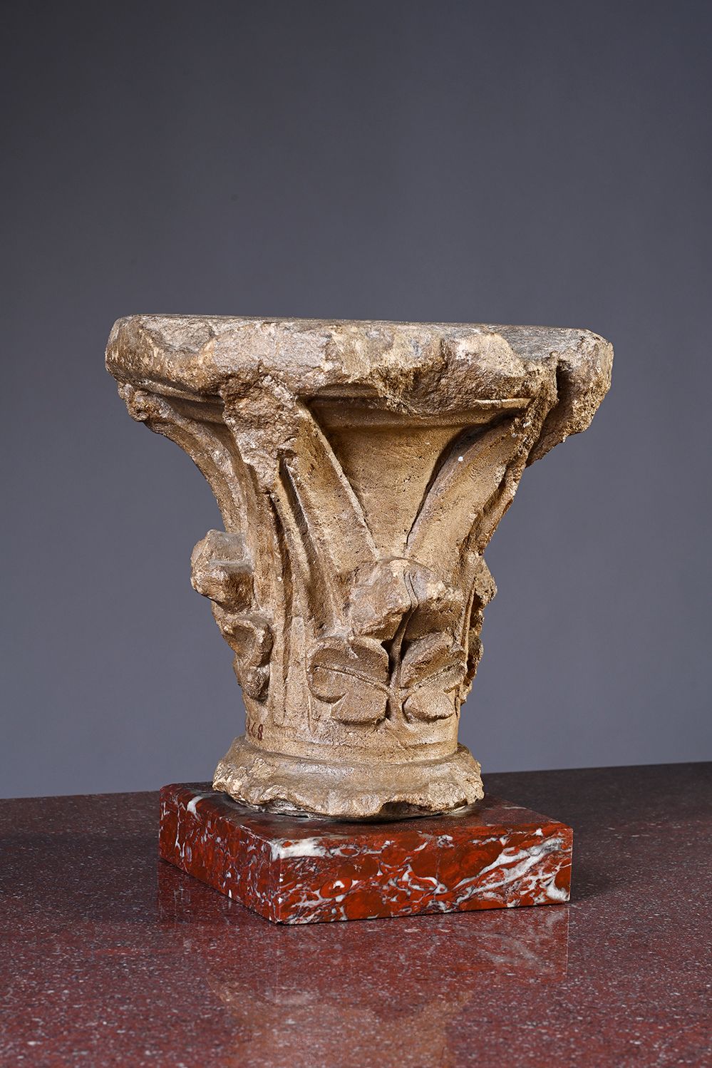 Null Limestone capital carved on three sides, decorated with leaves and molded a&hellip;