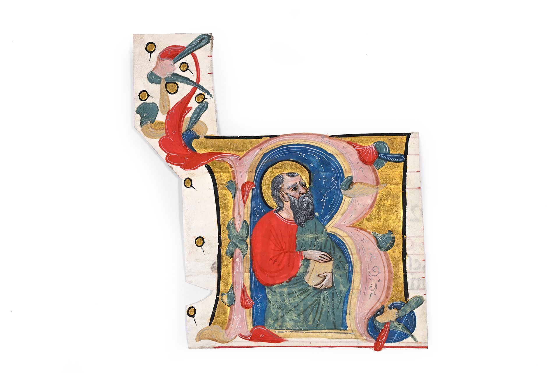 Null 牛皮纸上的彩绘，多色和金色，首字母R与一个手持书本的圣人形象。
意大利北部，威尼斯，归功于克里斯托弗-科尔特斯（活跃于1399年至1445年）15世纪&hellip;