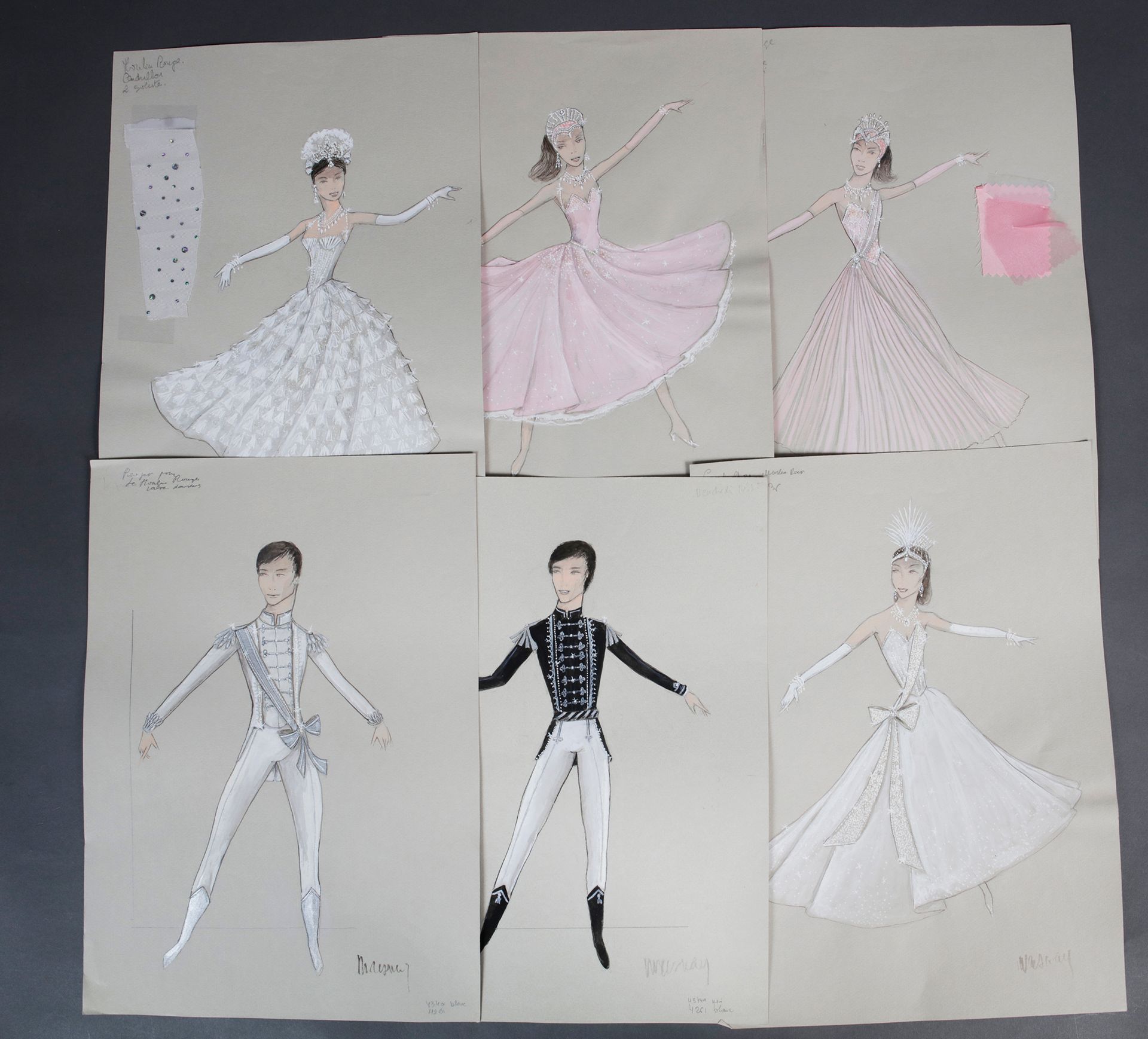Null 1 set of 6 original drawings of the outfits created by the stylist Michel F&hellip;