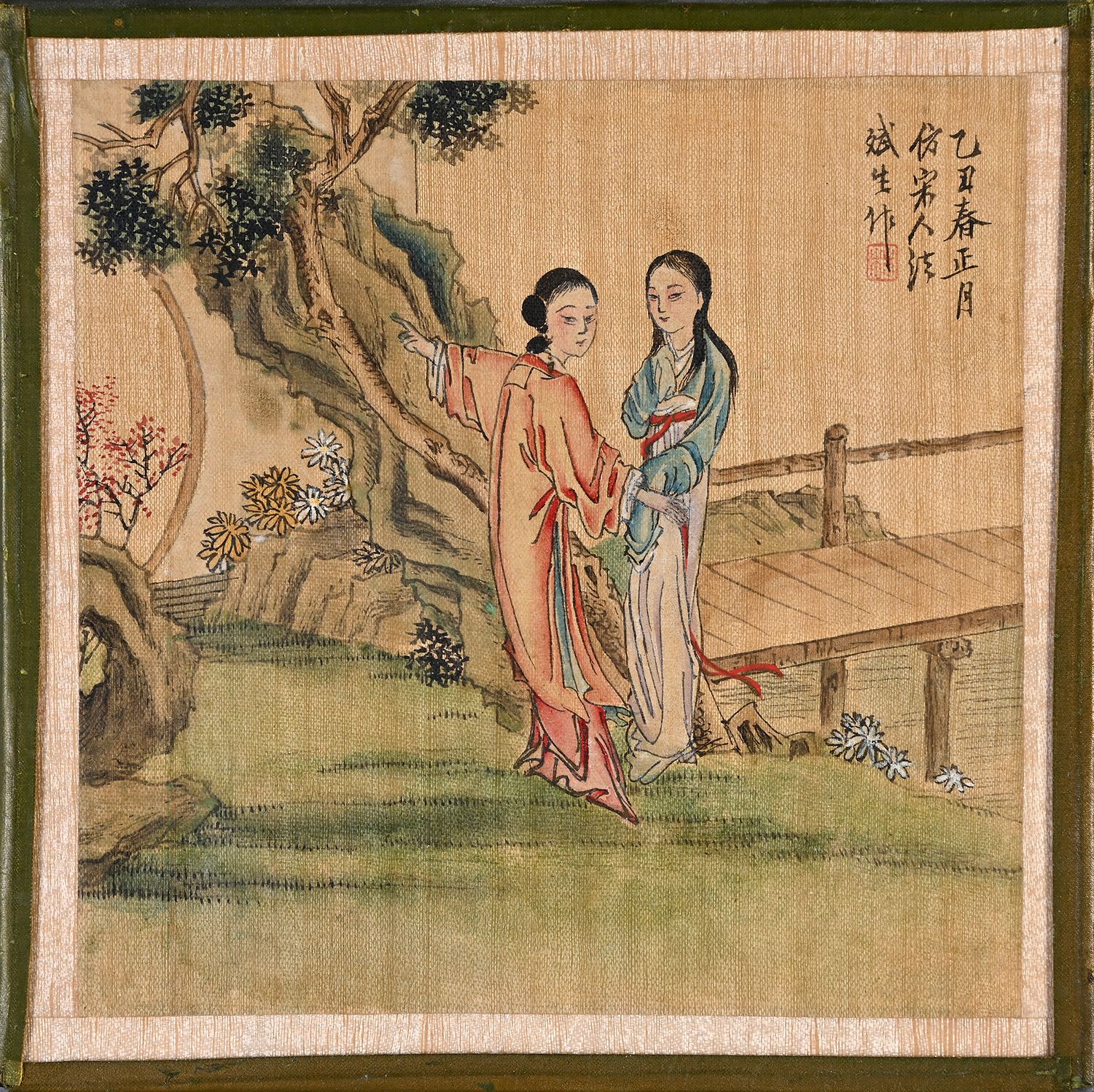 CHINE, Fin du XIXe-début du XXe siècle 一套三幅彩色水墨画，描绘了军队的场景，两位优雅的女士在户外风景中交谈，两位骑着骡子&hellip;