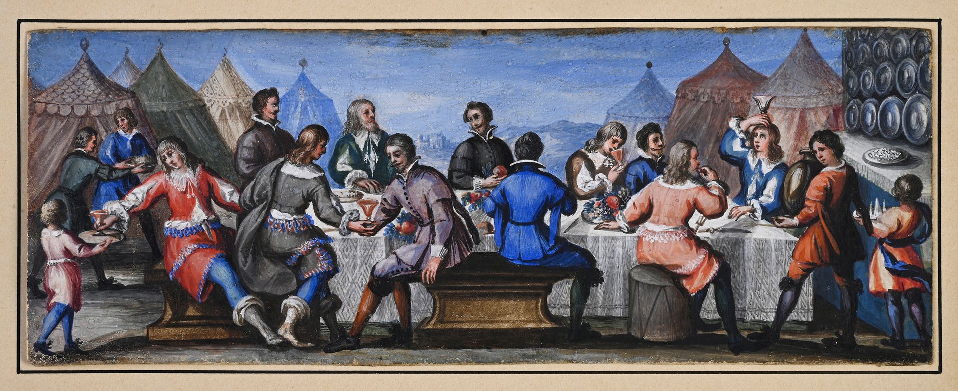 Ecole du XVIIe siècle Scena di festa in un campo
Guazzo su pergamena
7 x 18,5 cm&hellip;