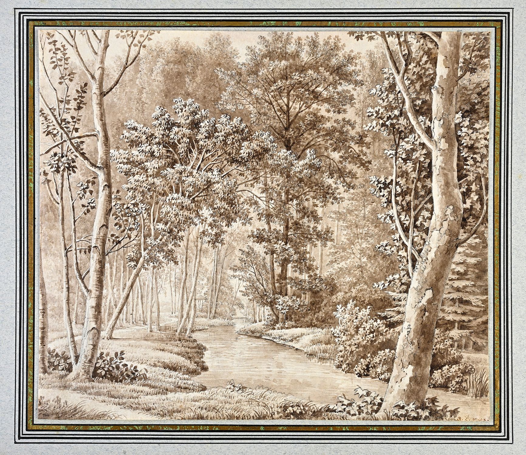 Attribué à Anton DUNKER (1746 - 1807) 被一条平行于河流的小路穿过的灌木丛
黑色铅笔线条上的棕色水洗 19.4 x 22.6&hellip;