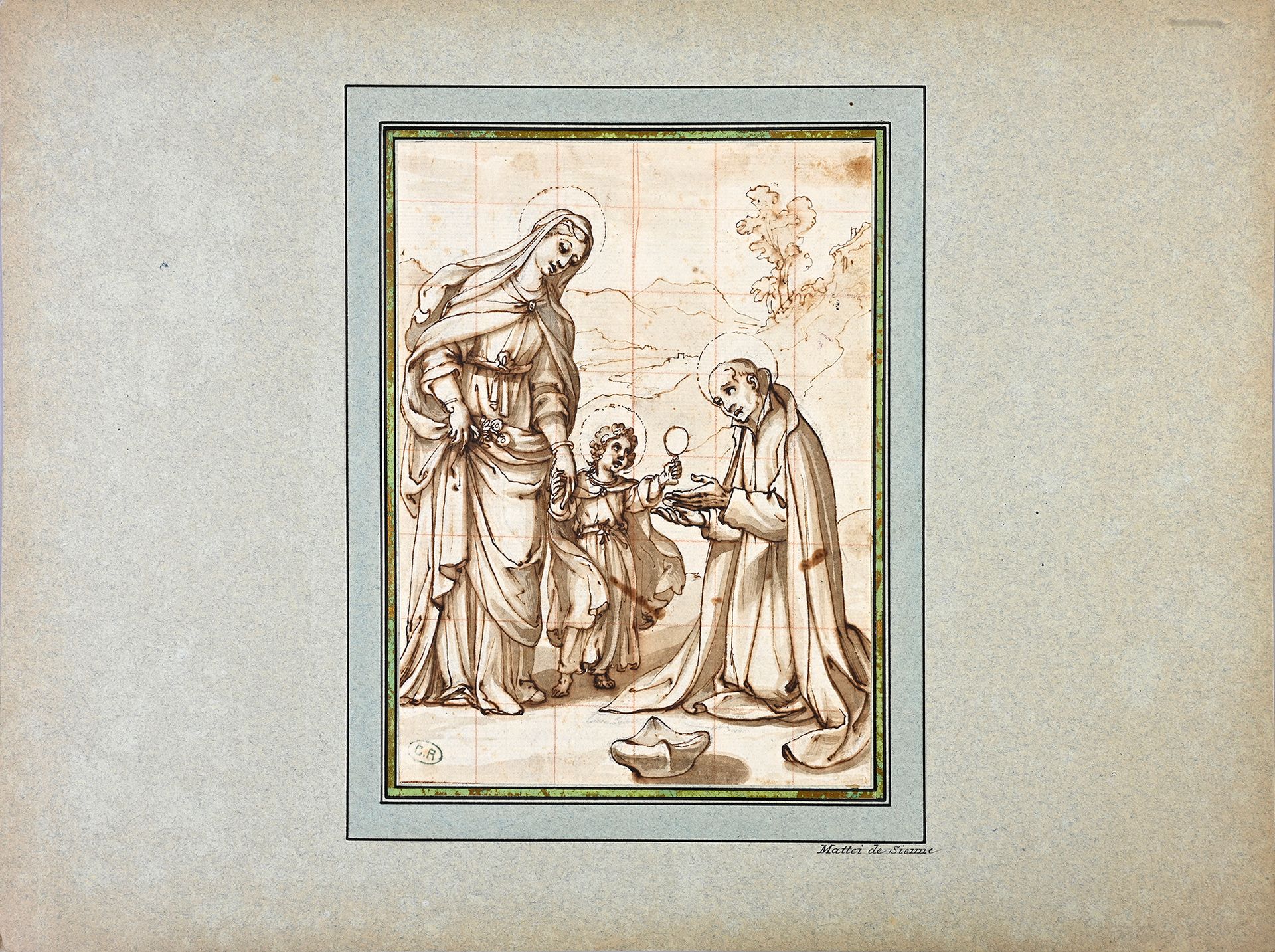 Ecole siennoise vers 1600 圣查尔斯-博罗梅奥爱慕的圣母和儿童
钢笔和棕色墨水，黑色铅笔线条的棕色水洗 18.4 x 14 cm
用红色&hellip;
