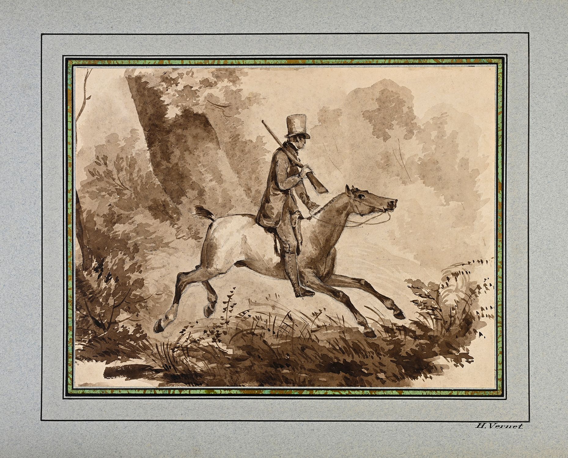 Attribué à Horace VERNET (Paris 1789 - 1863) 灌木丛中的马背上的猎人
黑色铅笔线条上的棕色水洗 18 x 23.8 &hellip;