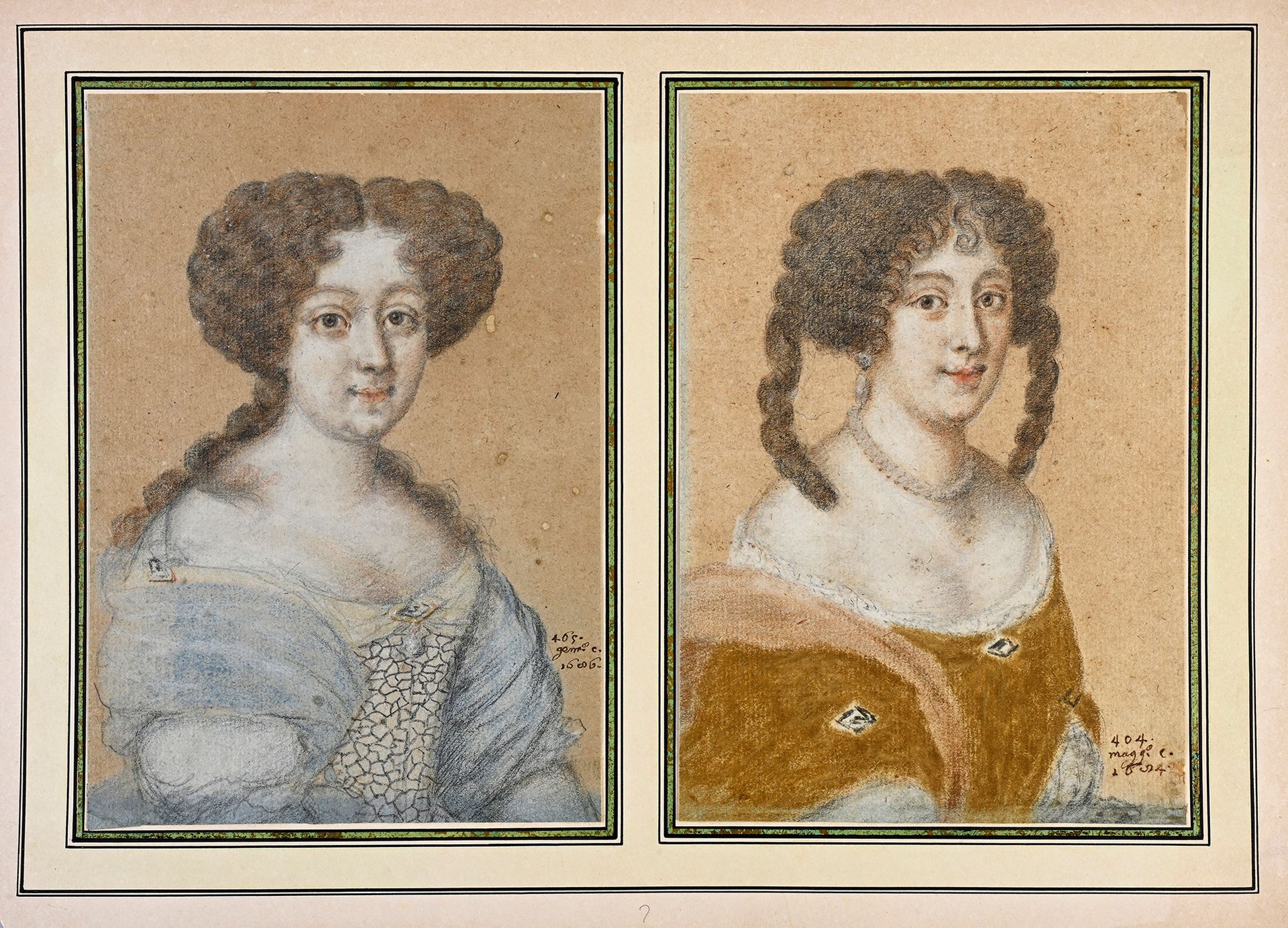 Jacob Ferdinand VOET (1639 - 1689) 两幅妇女肖像画在同一座架上
前蓝色纸上黑色铅笔线条的粉笔画
每幅20 x 14.2；画座尺&hellip;