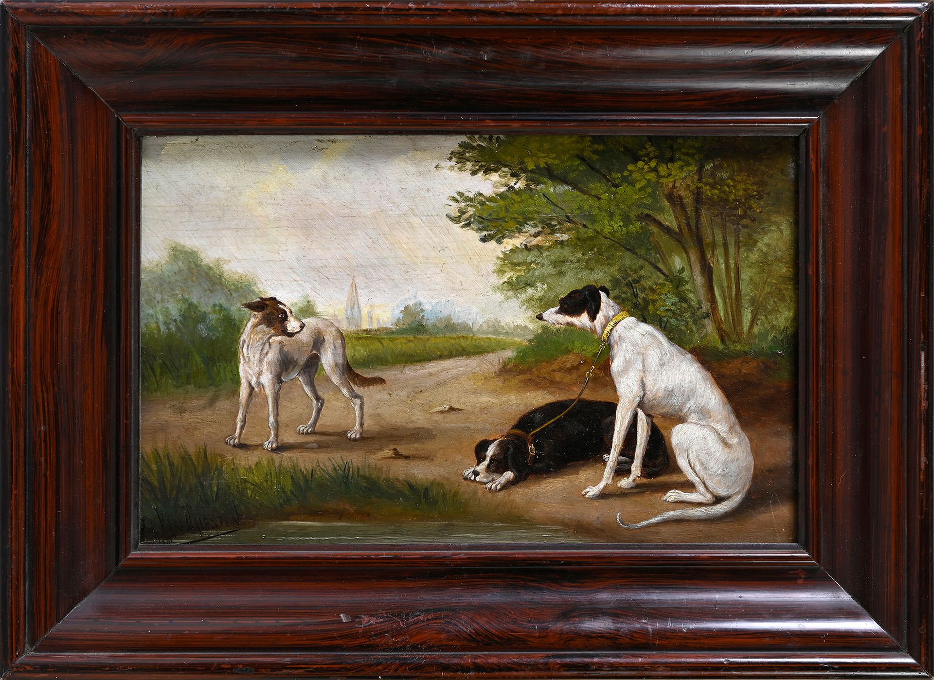 Joseph Emmanuel VAN DRIESTEN (1853-1923) 三只狗在休息
板面油画，左下角有签名和日期 JE VAN DRIESTEN 1&hellip;