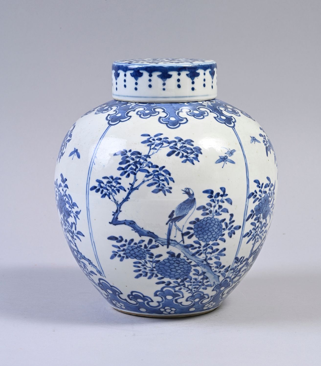 Null 一个蓝白相间的花瓶，上面有鸟和蝴蝶在瓷枝上。19世纪晚期。
H.24.5厘米