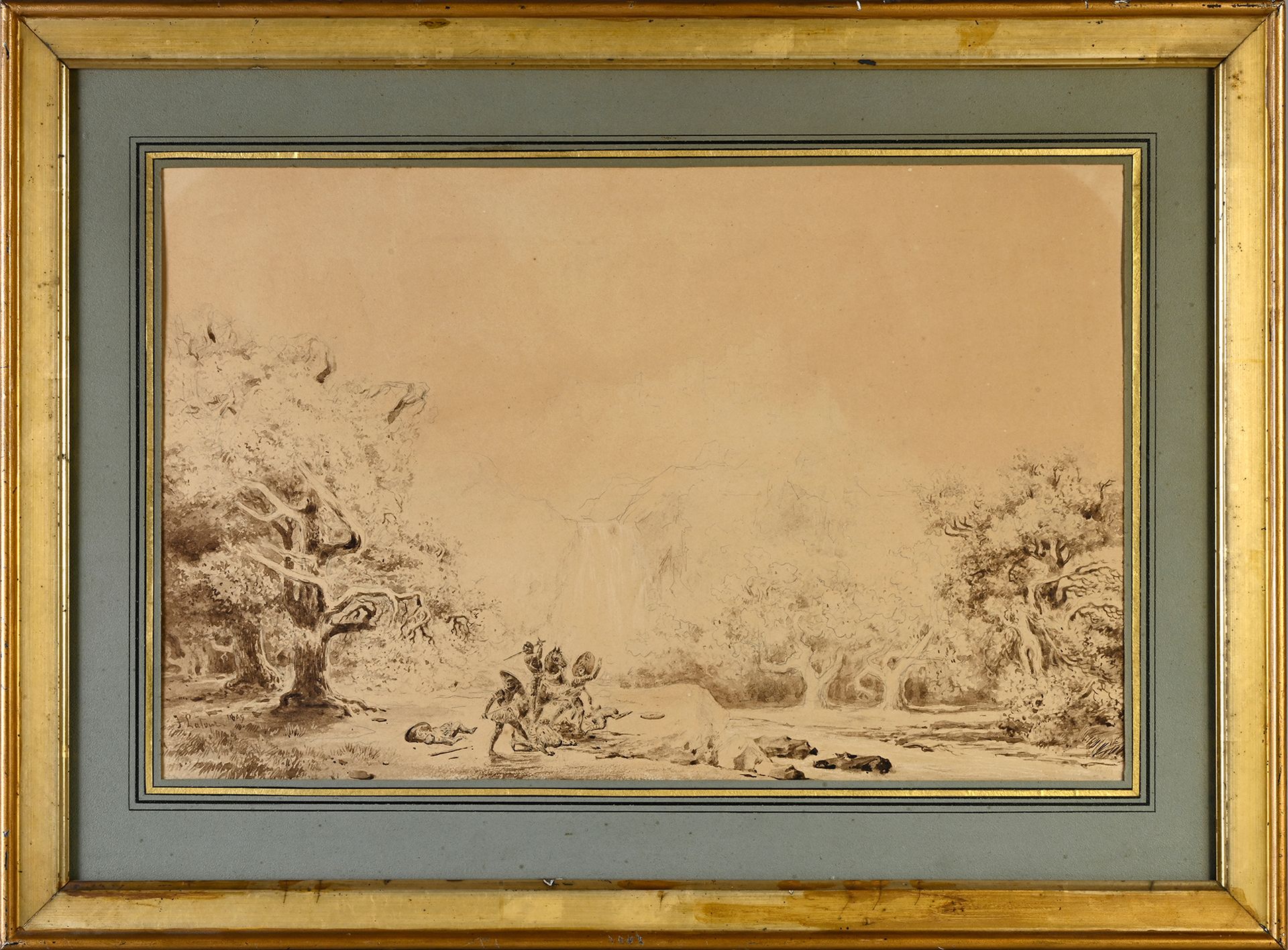 Joseph LA TOUR (Noé 1807- Toulouse 1865) 景观中的骑手攻击
黑色铅笔线条上的棕色水洗，白色高光的痕迹 20.5 x 46&hellip;