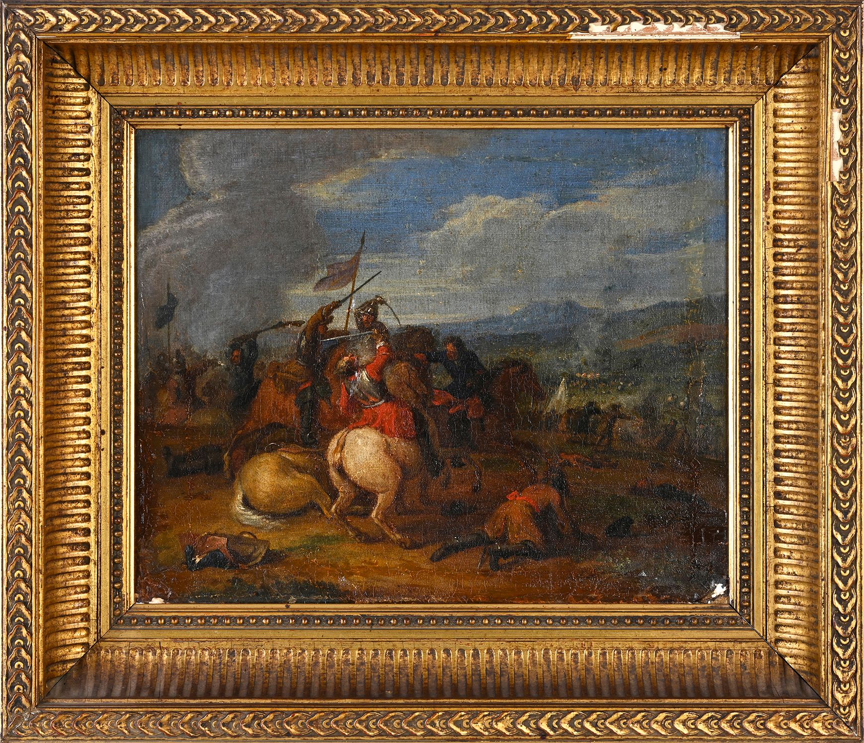 Ecole du XVIIème siècle Zusammenstoß der Kavallerie 
Öl auf Leinwand
H. : 25 cm &hellip;