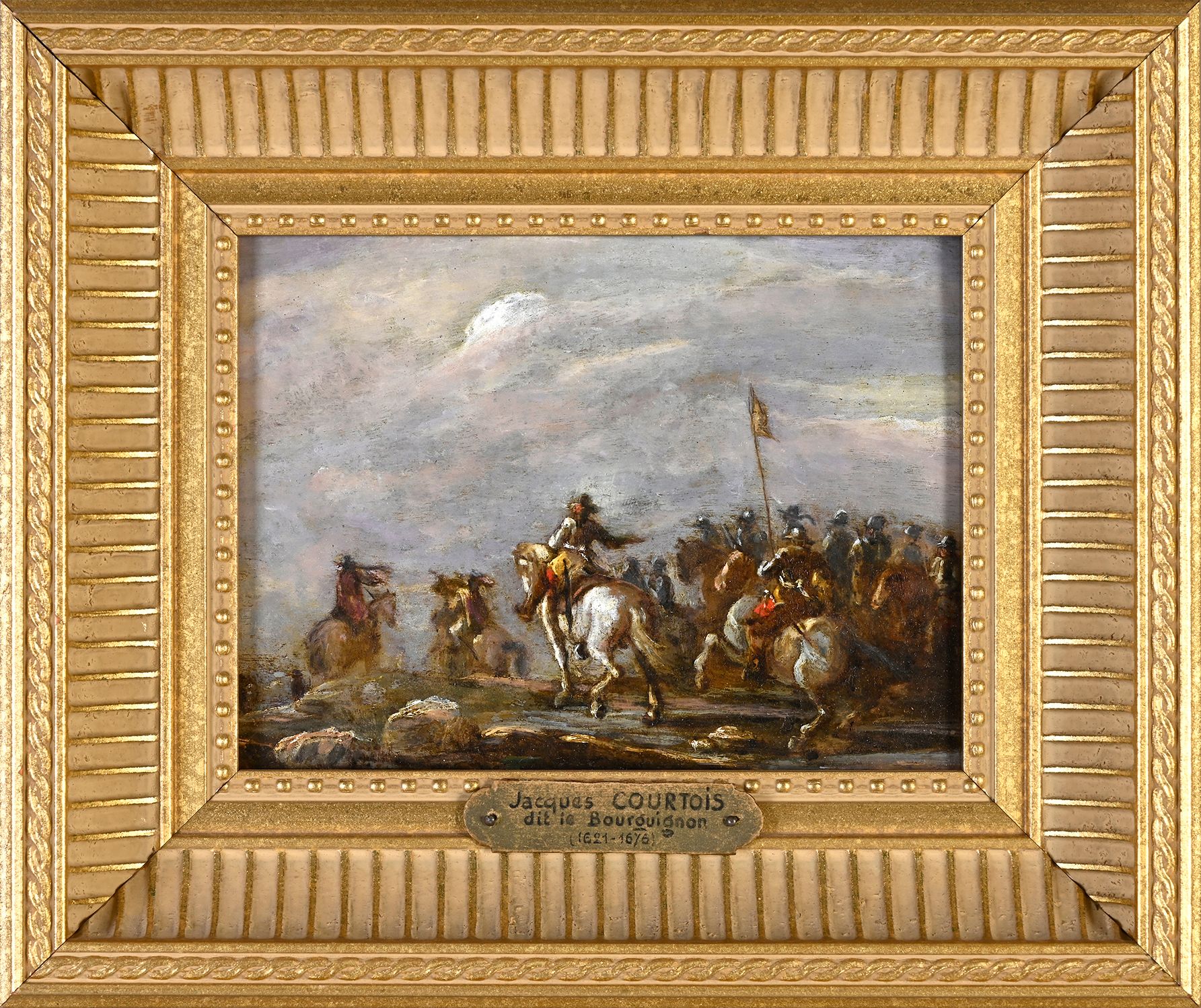 Ecole du XVIIème siècle 骑兵的冲击 
铜上油彩
H.13.5厘米 - 长17.6厘米（磨损和修复）背面有旧标签 "Champs de b&hellip;