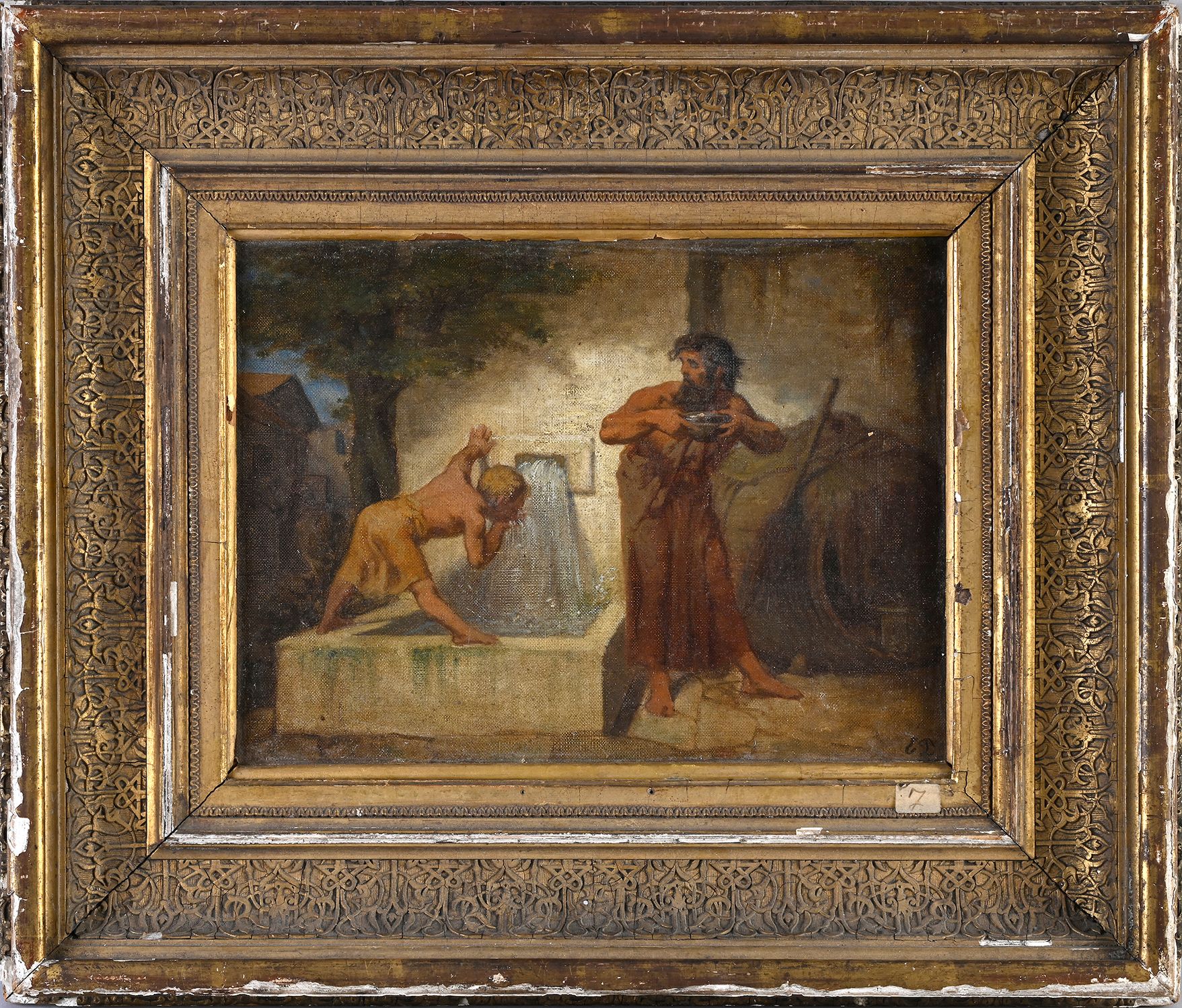 ECOLE du XIXème SIECLE 在喷泉边
布面油画，右下角有ED的首字母
H.24 cm - W 32 cm