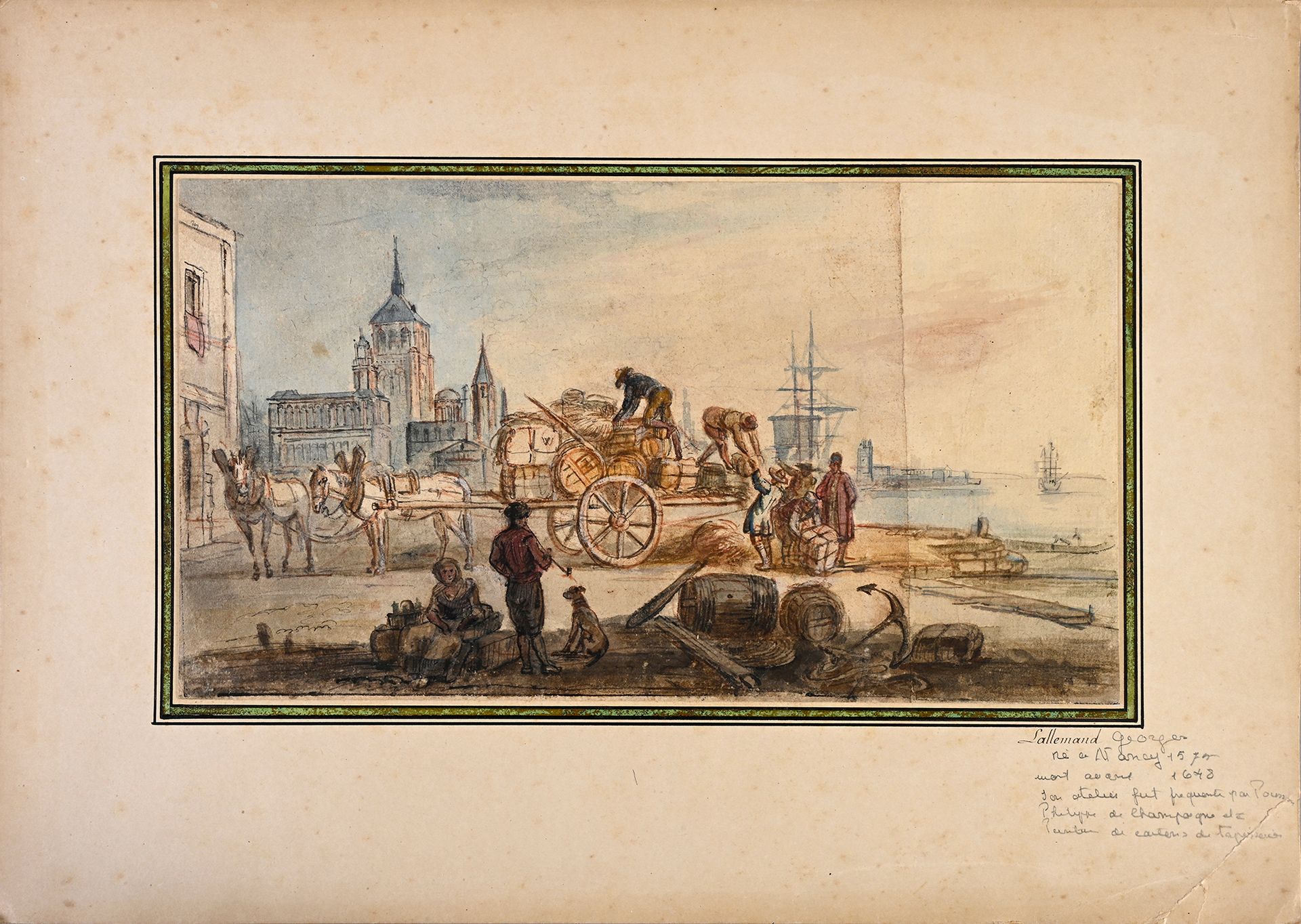 Jean-Baptiste LALLEMAND (Dijon 1716 - Paris 1803) 在港口卸货
钢笔和棕色墨水，棕色水洗和红色粉笔素描上的水彩 &hellip;