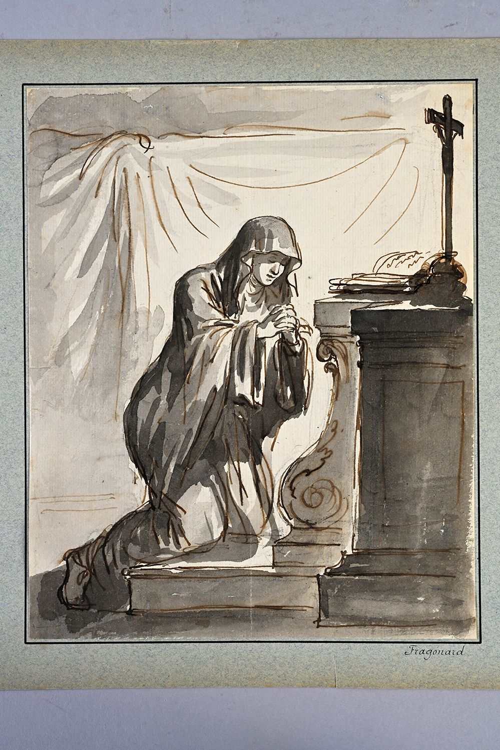 Ecole française du XVIIIème siècle 跪着祈祷的修女
钢笔和棕色墨水，黑色铅笔上的灰色和棕色水洗
23 x 18,4
稍微上油，&hellip;