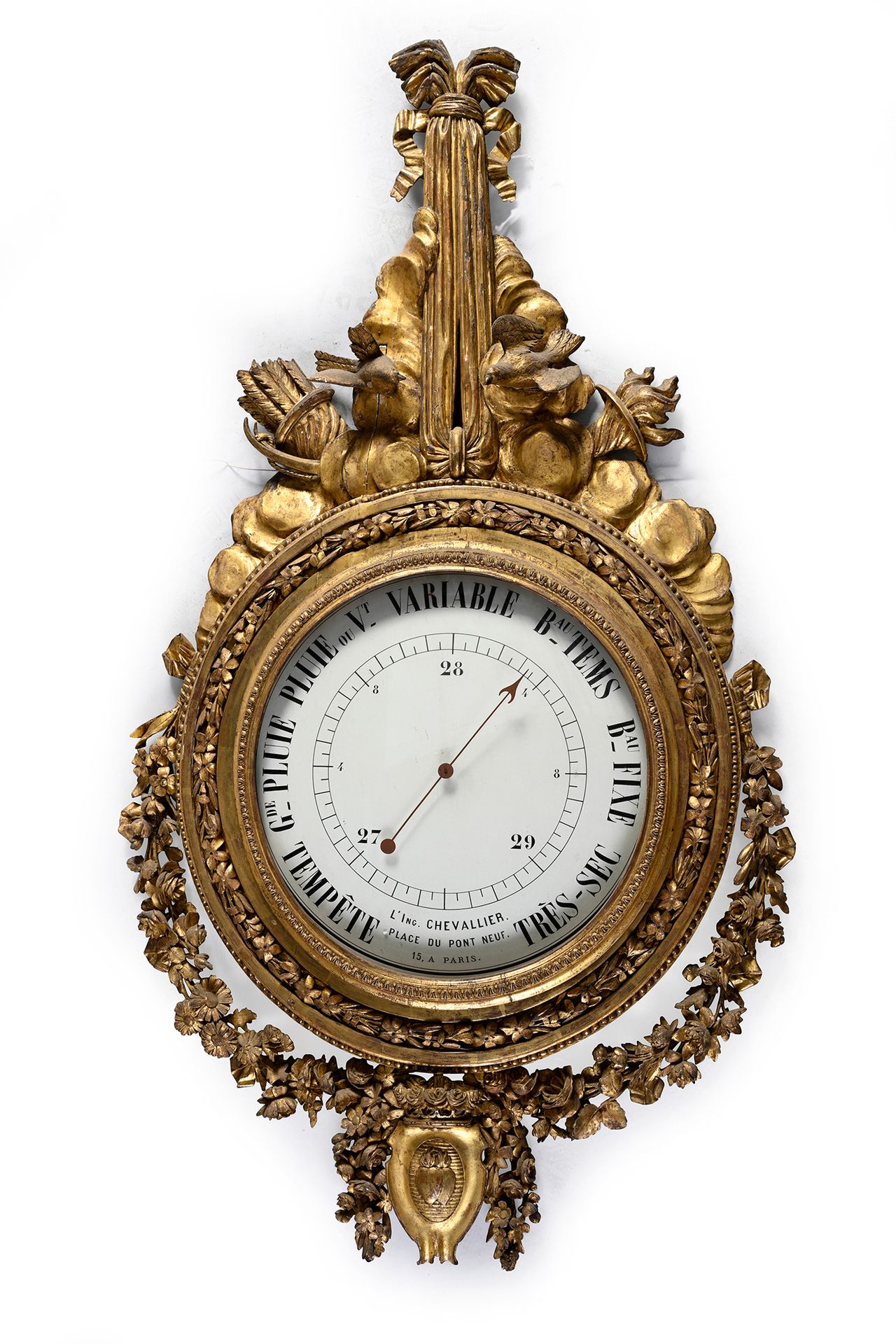 Null Precious barometer in wood very finely carved and gilded, the round dial de&hellip;