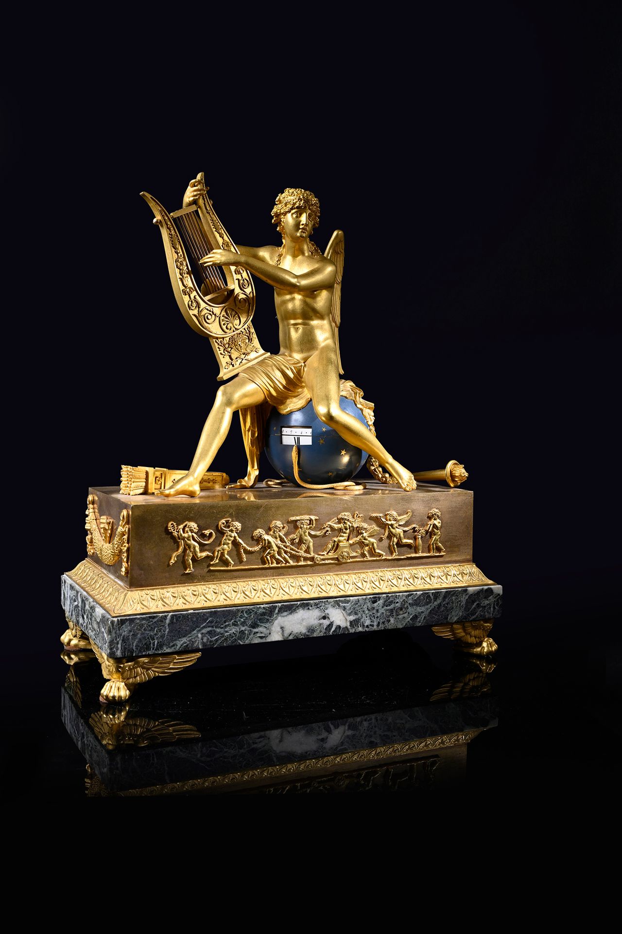 Null Bedeutende Drehkreisuhr aus vergoldeter Bronze, die Orpheus mit seiner Leie&hellip;