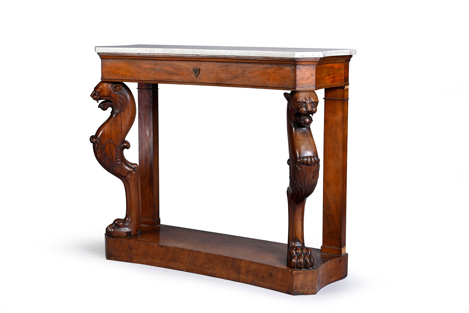 Null Mahogany and mahogany veneer console, carved and molded, the feet on plinth&hellip;