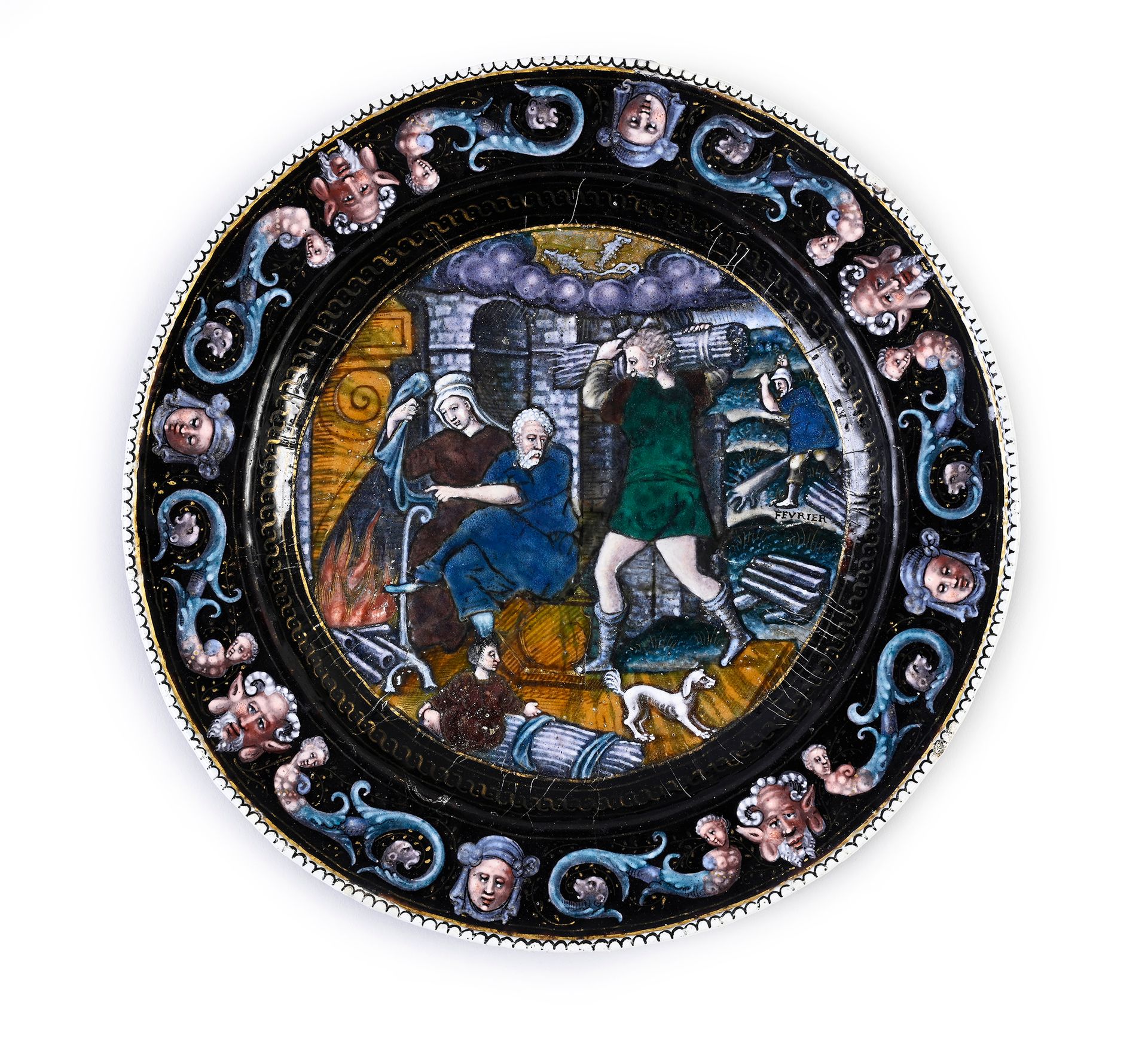 Null Pair of polychrome painted enamel plates representing the months of Februar&hellip;