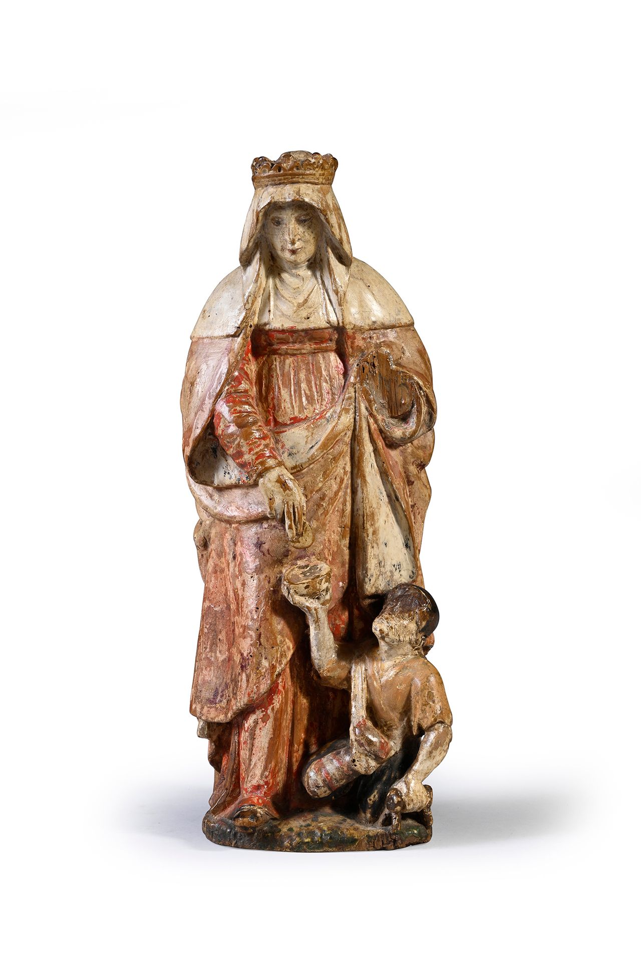 Null 匈牙利（或葡萄牙）的圣伊丽莎白，胡桃木材质，圆形雕刻，多色染色。
16世纪下半叶。
H.40厘米
(可见缺失部分，特别是左臂，修复后)