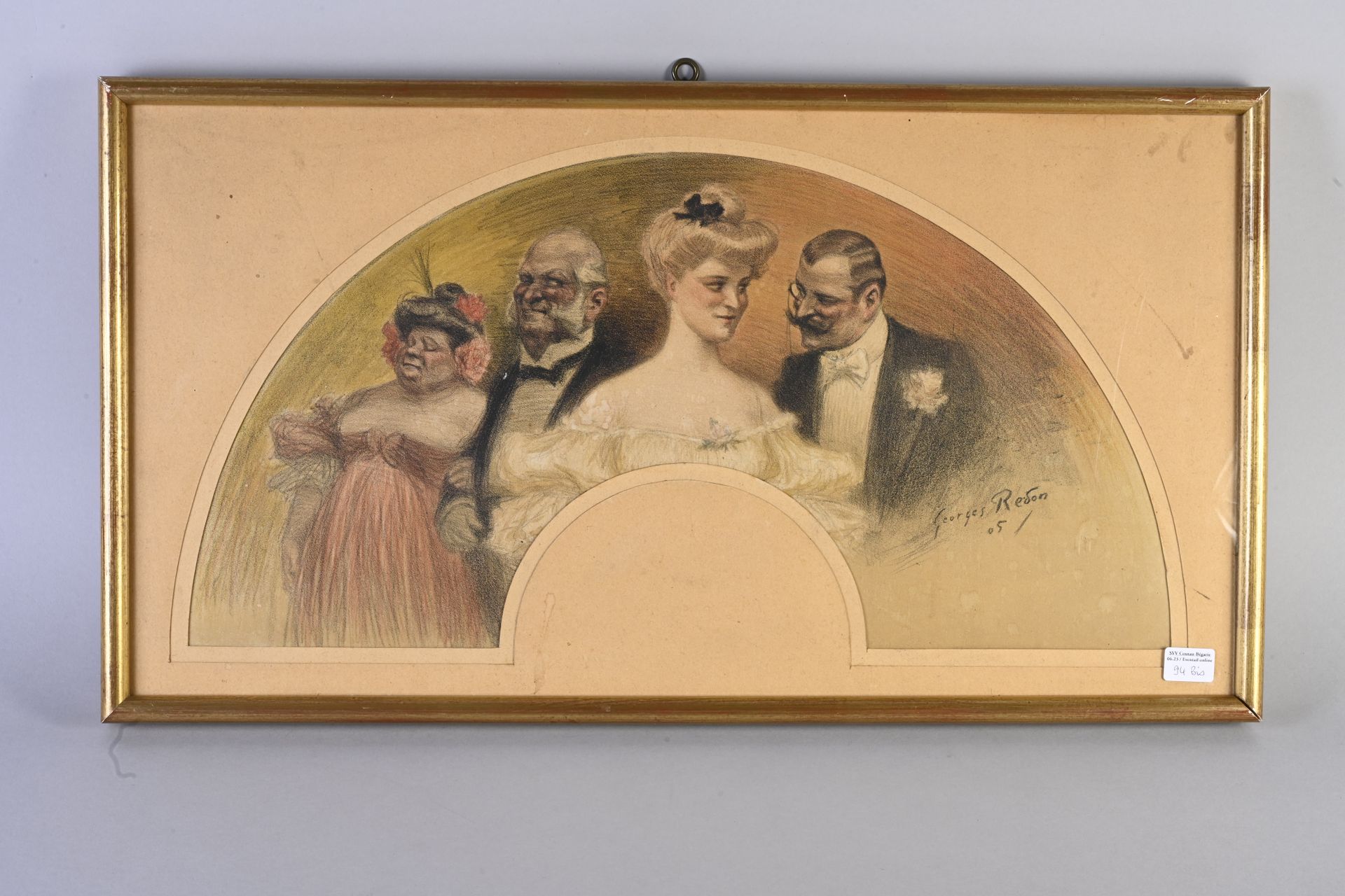 Null 94 BIS
Soirée galante，仿照乔治-雷东，约1905年
彩色石版画纸扇面，描绘了一个优雅夜晚的殷勤场景。一个男人接近一个年轻的女人，&hellip;
