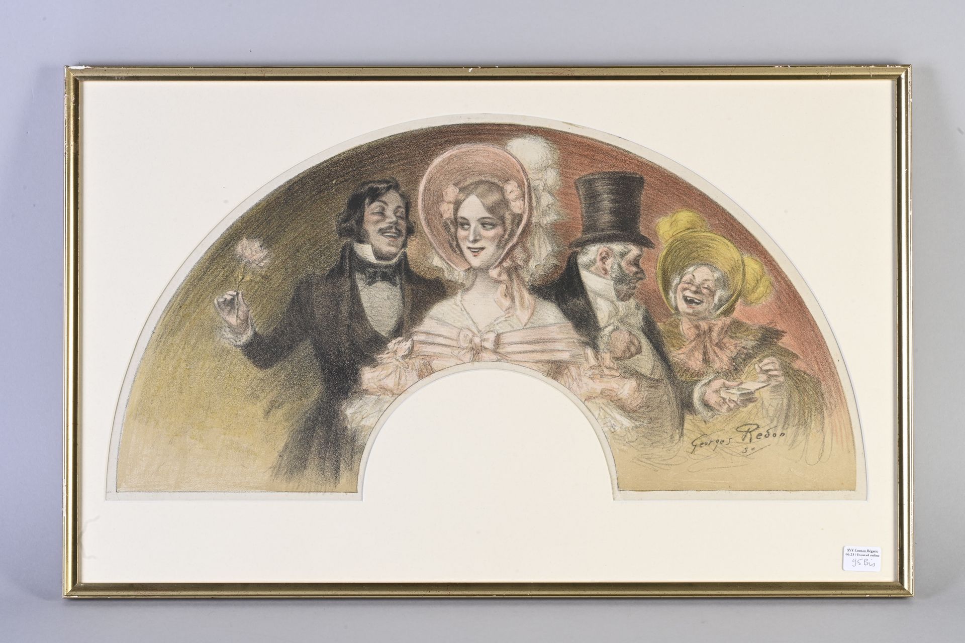 Null 玫瑰花》，根据乔治-雷东绘制，约1900年
铬石版画纸扇叶，描绘了一个优雅夜晚的殷勤场景。一个男人接近一个年轻的女人，而一对老夫妇经过。
高15.5厘&hellip;