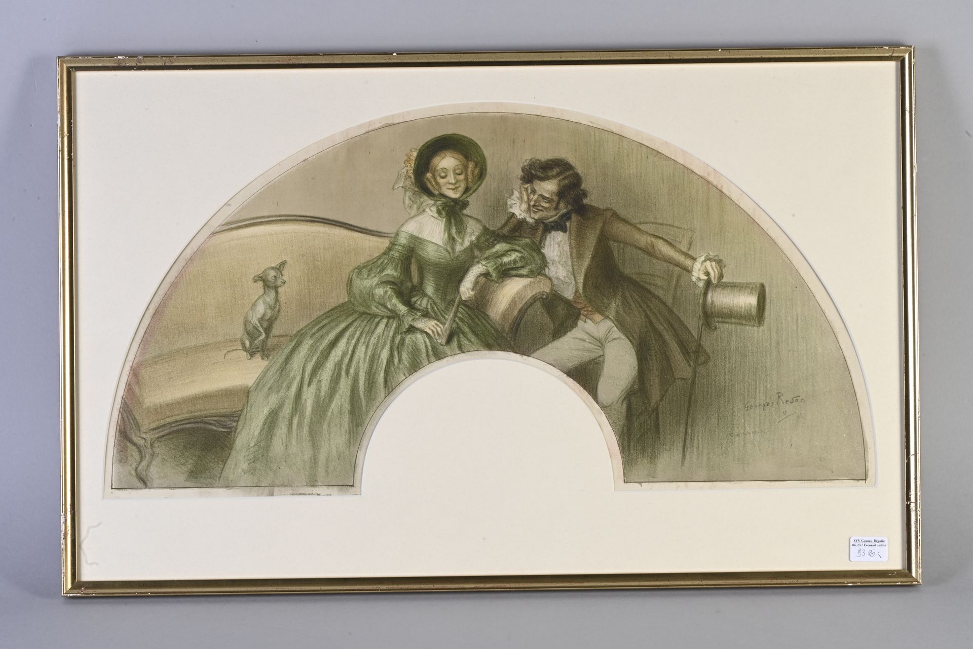 Null Un brin de causette》，根据乔治-雷东的作品，约1911年。
色素石膏纸扇叶，描绘了一个优雅夜晚的殷勤场景。一个男人正在和一个被吓得&hellip;