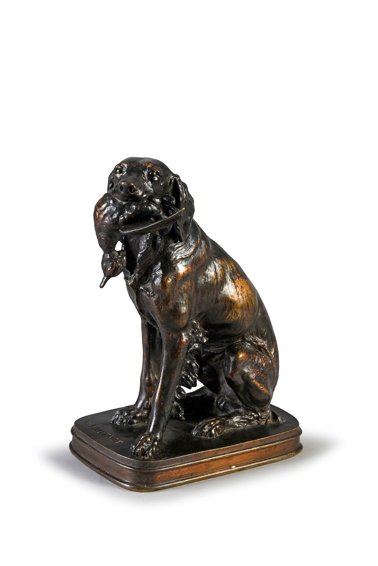 Ferdinand PAUTROT (1832 - 1874) 一只大的坐着的西班牙猎犬，嘴里叼着一只茶叶。
青铜器上有美丽的棕色铜锈，底部有 "admis a&hellip;