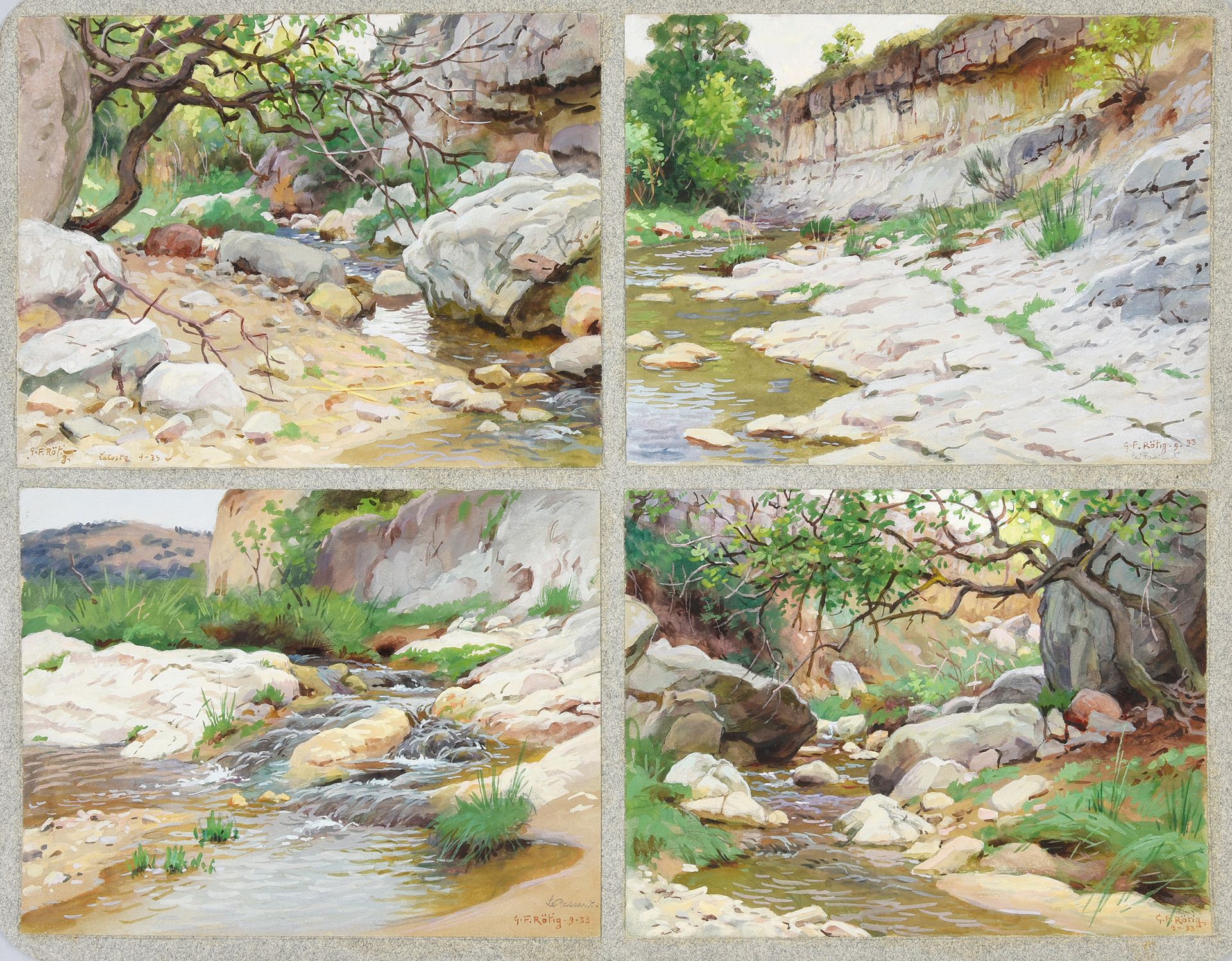 Georges Frédéric ROTIG (1873 - 1961) 四幅河流风景画。
水粉水彩画，其中三幅右下方有签名和日期9-33，第四幅左下方有签名和&hellip;