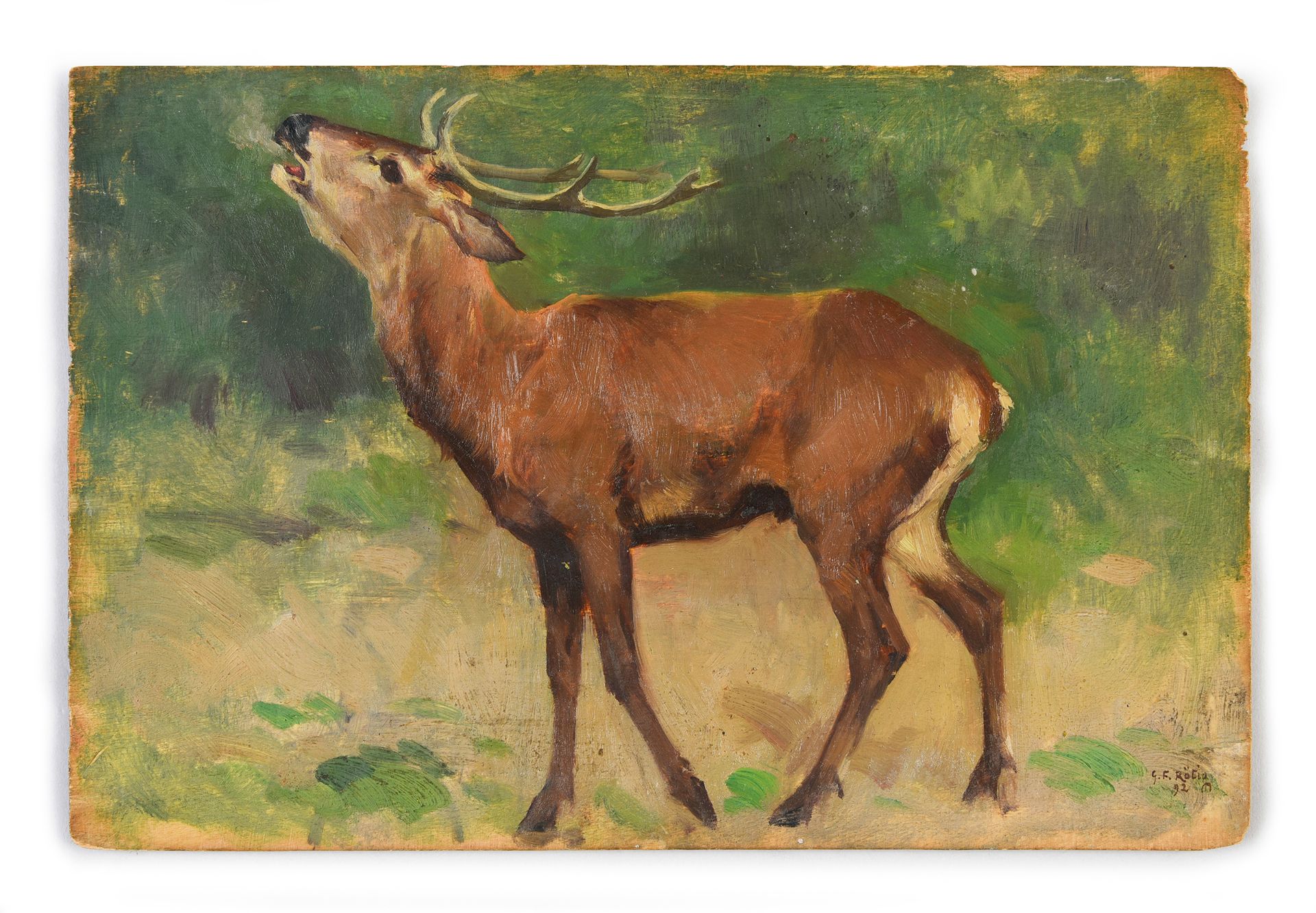 Georges Frédéric ROTIG (1873 - 1961) 雄鹿、野猪和狐狸的吼叫声。
面板油画，右下角有签名和日期。正面表现雄鹿的叫声，背面装饰&hellip;