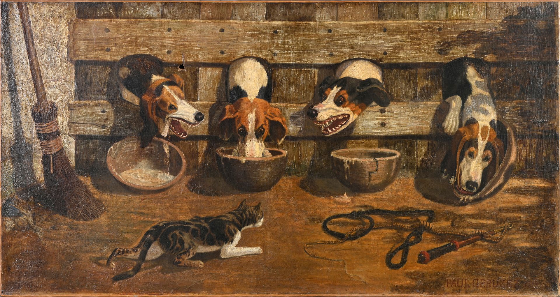 Paul Geruez (XIXe-XXe siècle) 犬舍里的汤
布面油画，右下角有签名和日期，事故
90 x 170厘米