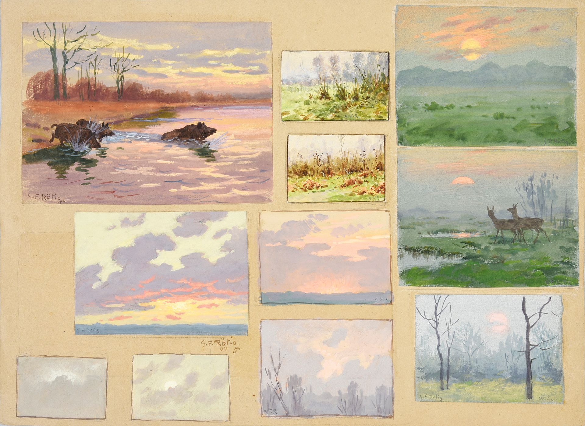Georges Frédéric ROTIG (1873 - 1961) 日落的研究。
11幅水粉水彩画研究，都有签名。
D.23.9 x 32.5厘米。