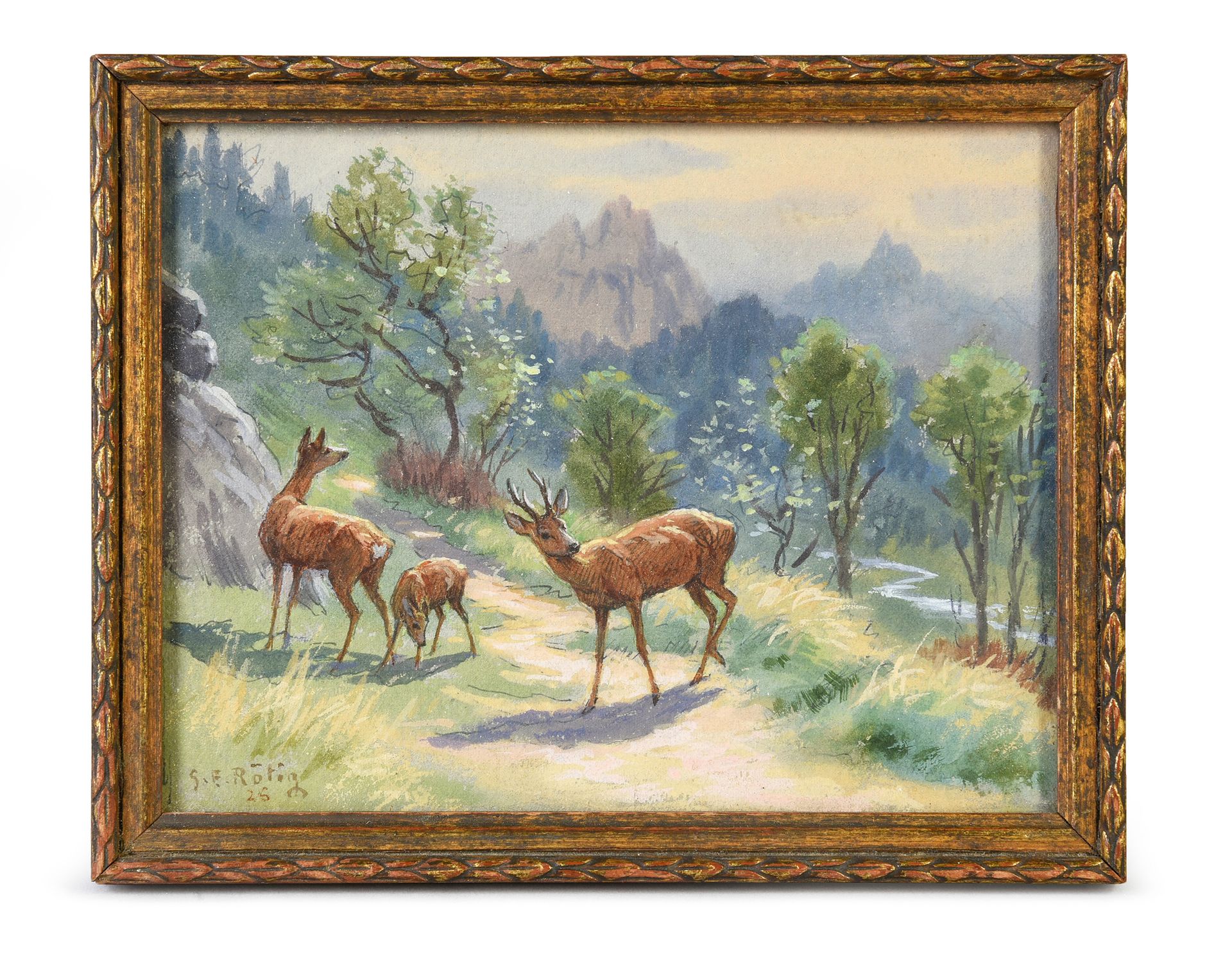 Georges Frédéric ROTIG (1873 - 1961) 一家人中的鹿。
水彩水粉画在面板上，左下方有签名和日期。
已装框。
尺寸：9.9 x &hellip;