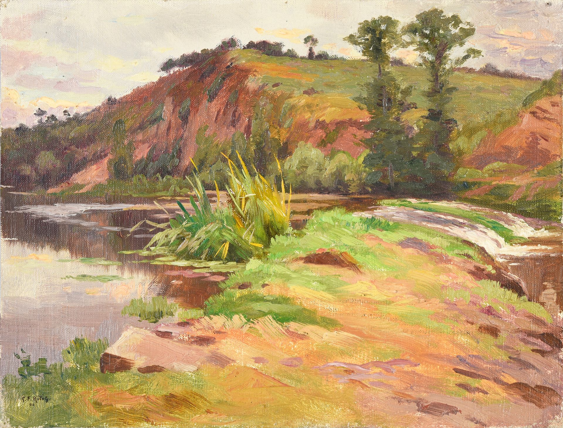 Georges Frédéric ROTIG (1873 - 1961) 一条河的边缘。
布面油画，左下方有签名和日期。
D.16.6 x 21.9厘米。