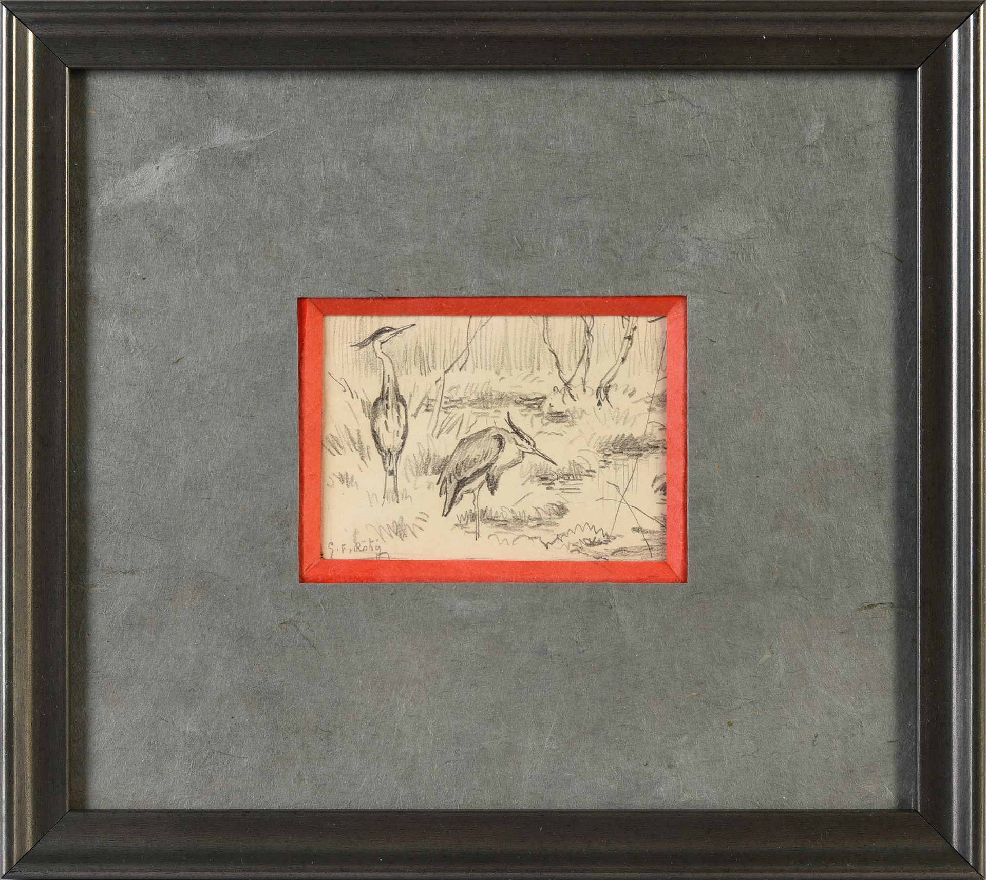 Georges Frédéric ROTIG (1873 - 1961) 两只苍鹭
铅笔，左下角有签名。
已装裱。
见图：5.7 x 8.2厘米。